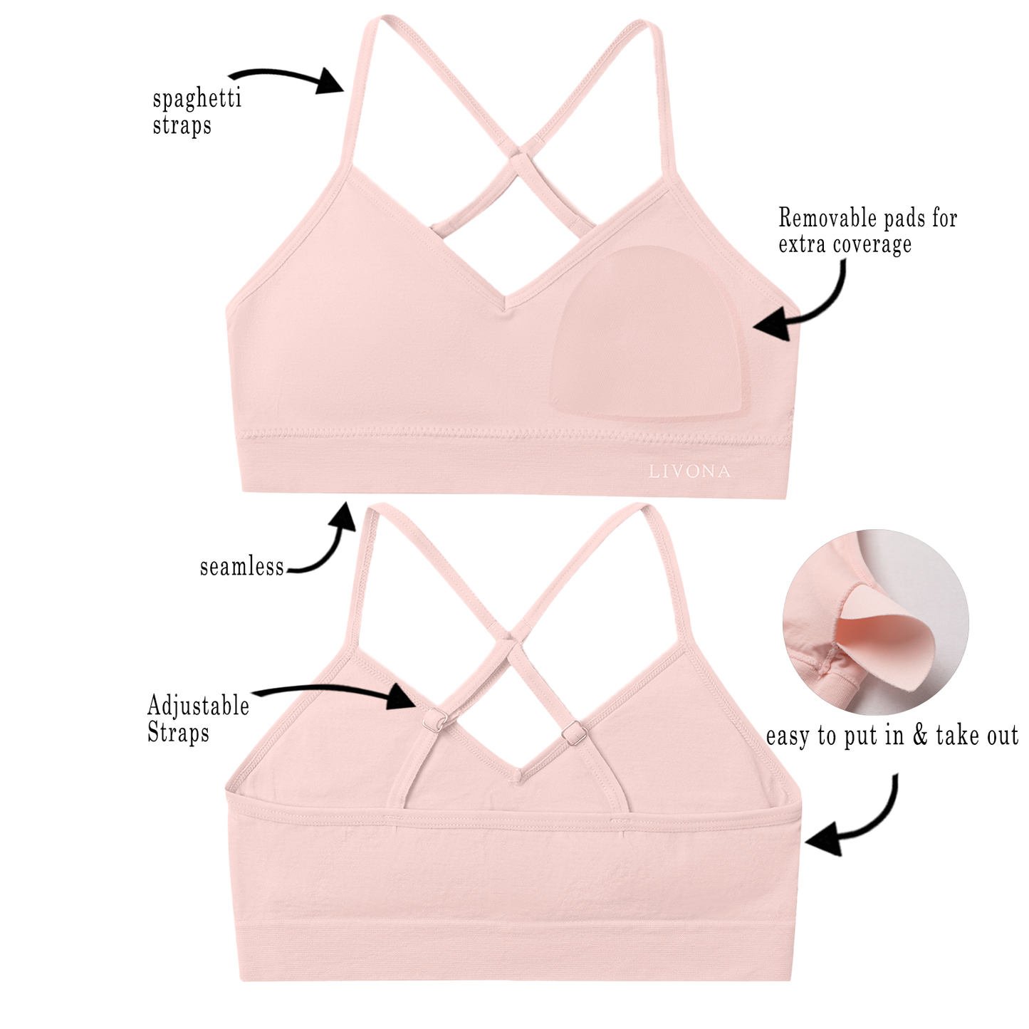 Livona Racerback Training Bra for Girls- 6 Pack Seamless Sports Bra, Padded Everyday Bra Bralette,Crop Cami Tank Top (6-14)