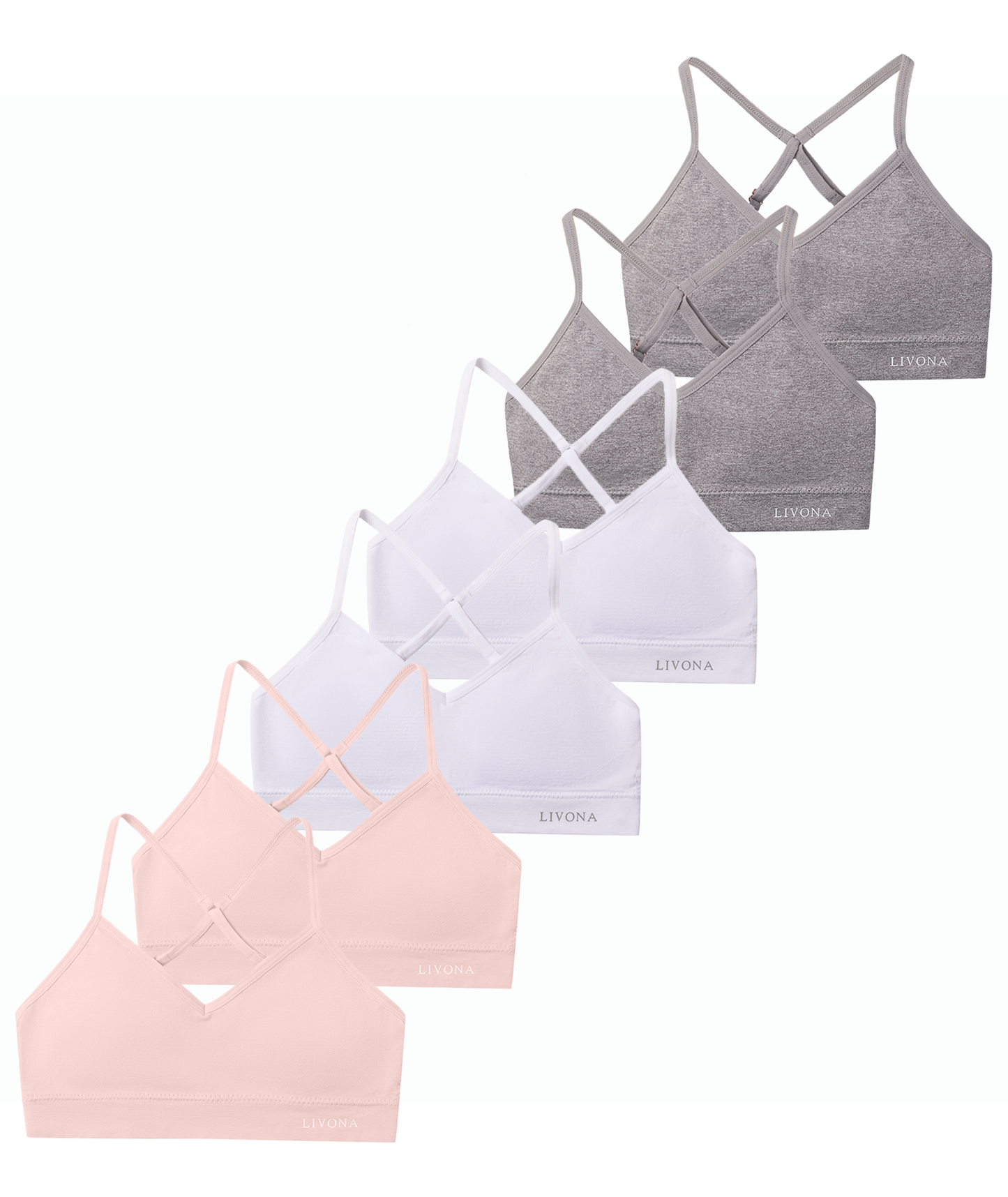 Livona Racerback Training Bra for Girls- 6 Pack Seamless Sports Bra, Padded Everyday Bra Bralette,Crop Cami Tank Top (6-14)
