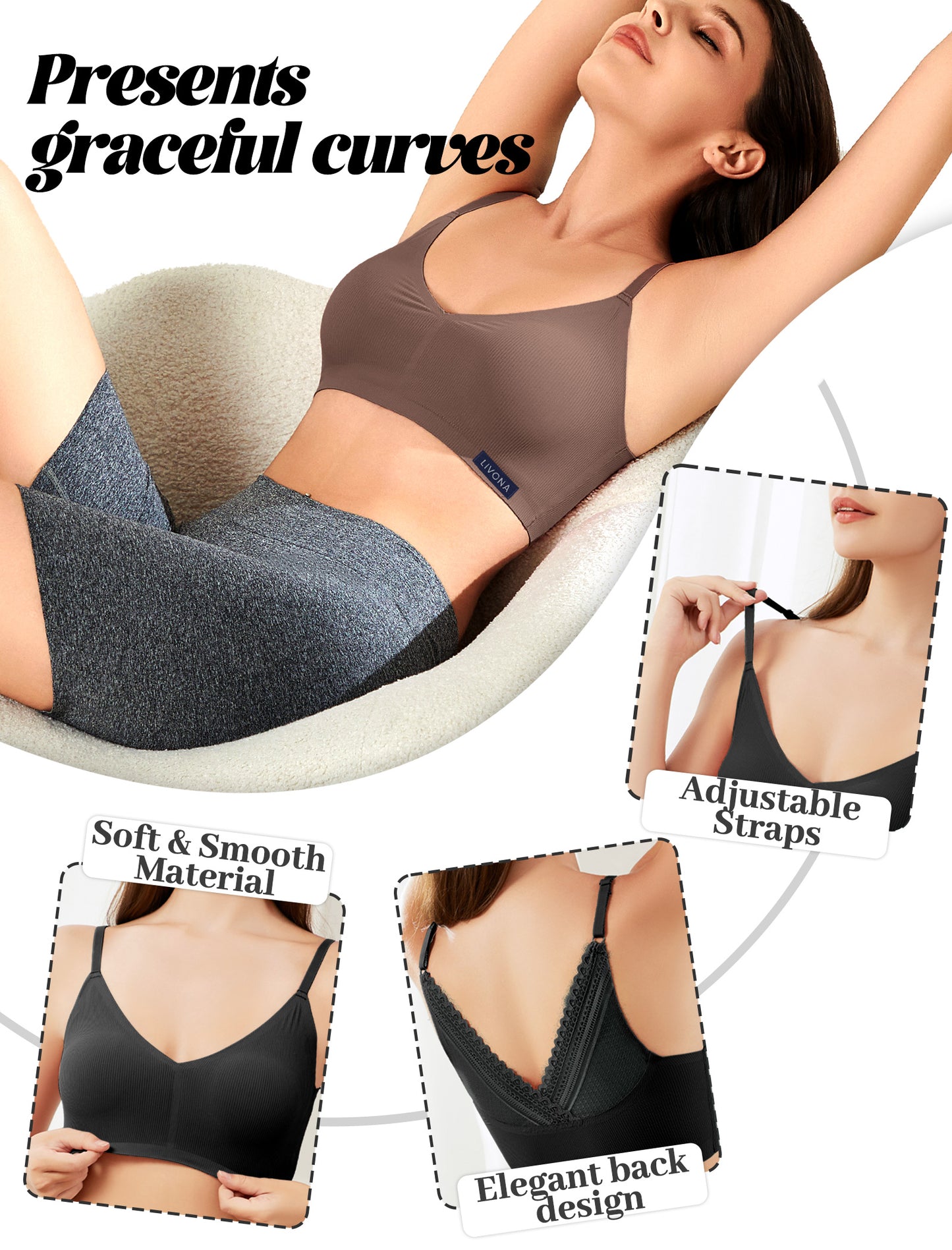 Livona Lace Bralette for Women - Comfort Sports Bra Wireless Padded Bralette with Support Workout Tops Cami Crop S-XXL