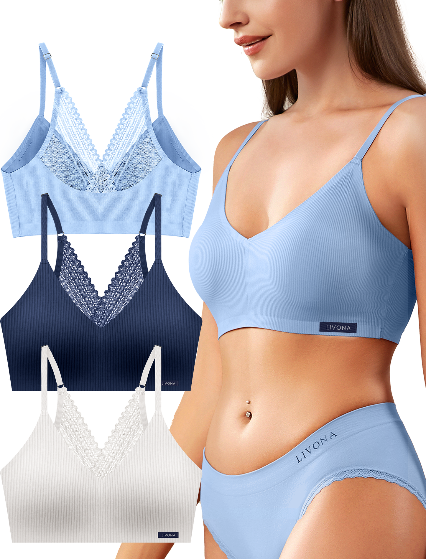 Livona Lace Bralette for Women - Comfort Sports Bra Wireless Padded Bralette with Support Workout Tops Cami Crop S-XXL