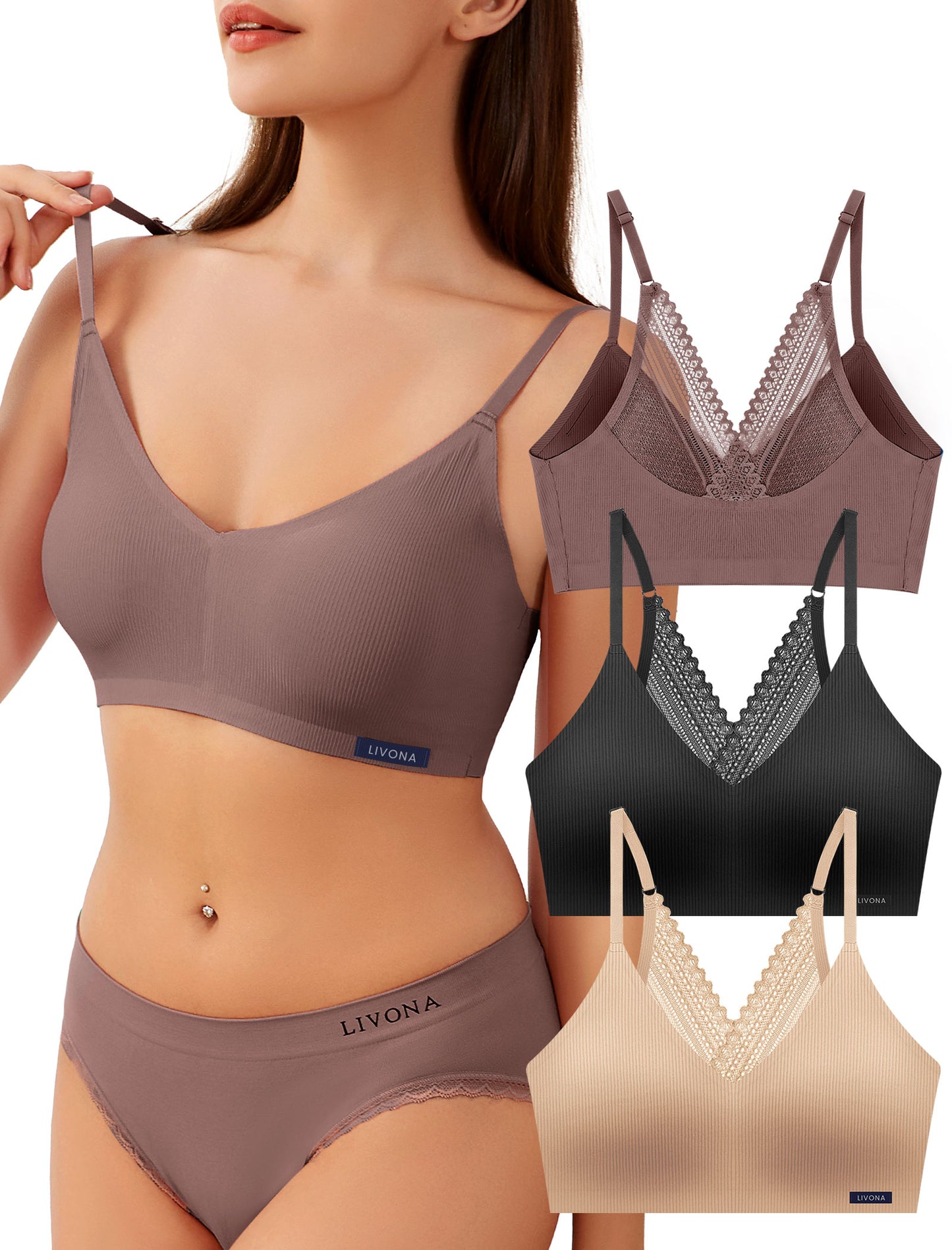 Livona Lace Bralette for Women - Comfort Sports Bra Wireless Padded Bralette with Support Workout Tops Cami Crop S-XXL