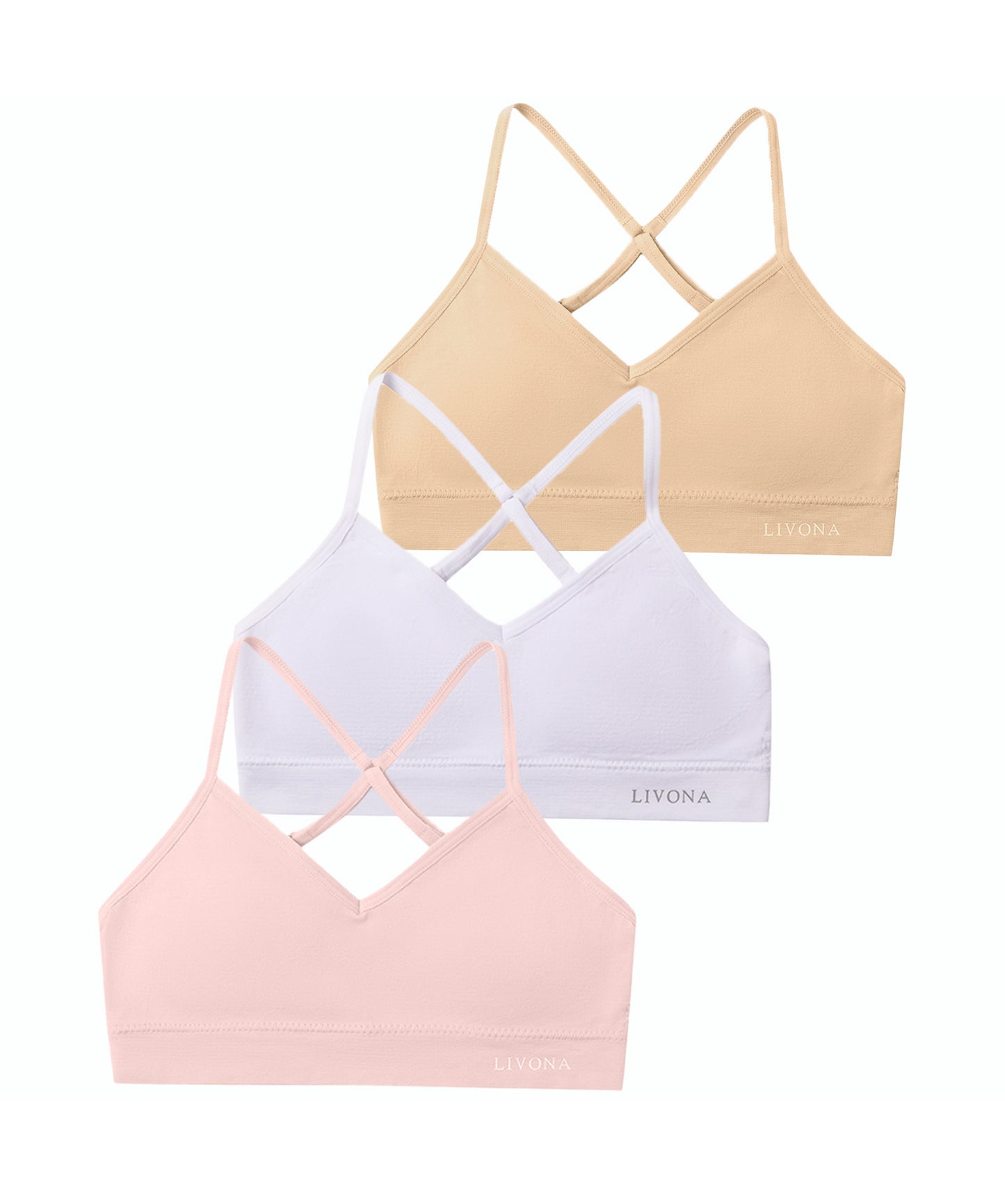 Livona Racerback Training Bra for Girls- 3 Pack Seamless Sports Bra, Padded Everyday Bra Bralette,Crop Cami Tank Top (6-14)