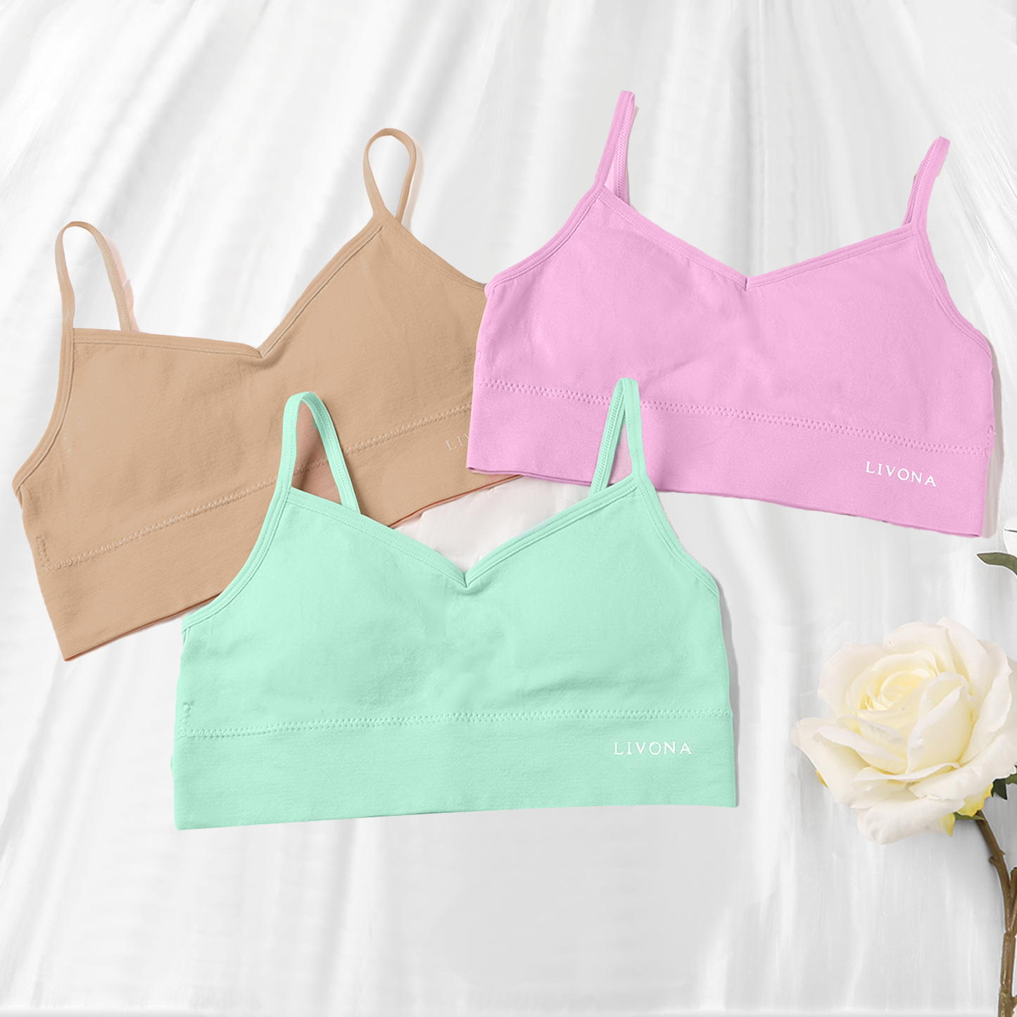 Livona 3 Pack Training Bras for Girls-Sports Bra, Fitness Bra, Padded Everyday Bra Bralette,Crop Cami Tank Top (6-14)