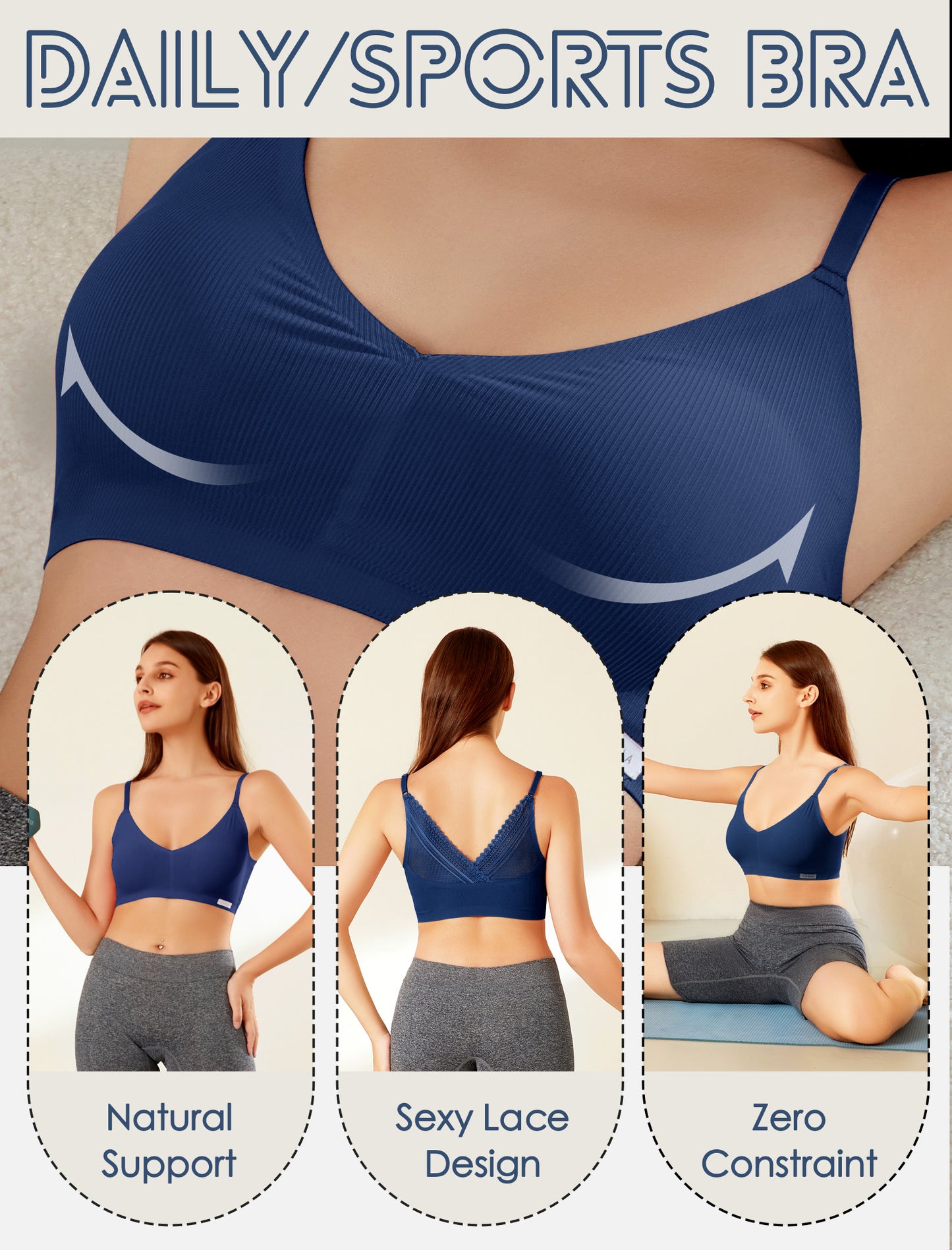 Livona Lace Bralette for Women - Comfort Sports Bra Wireless Padded Bralette with Support Workout Tops Cami Crop S-XXL