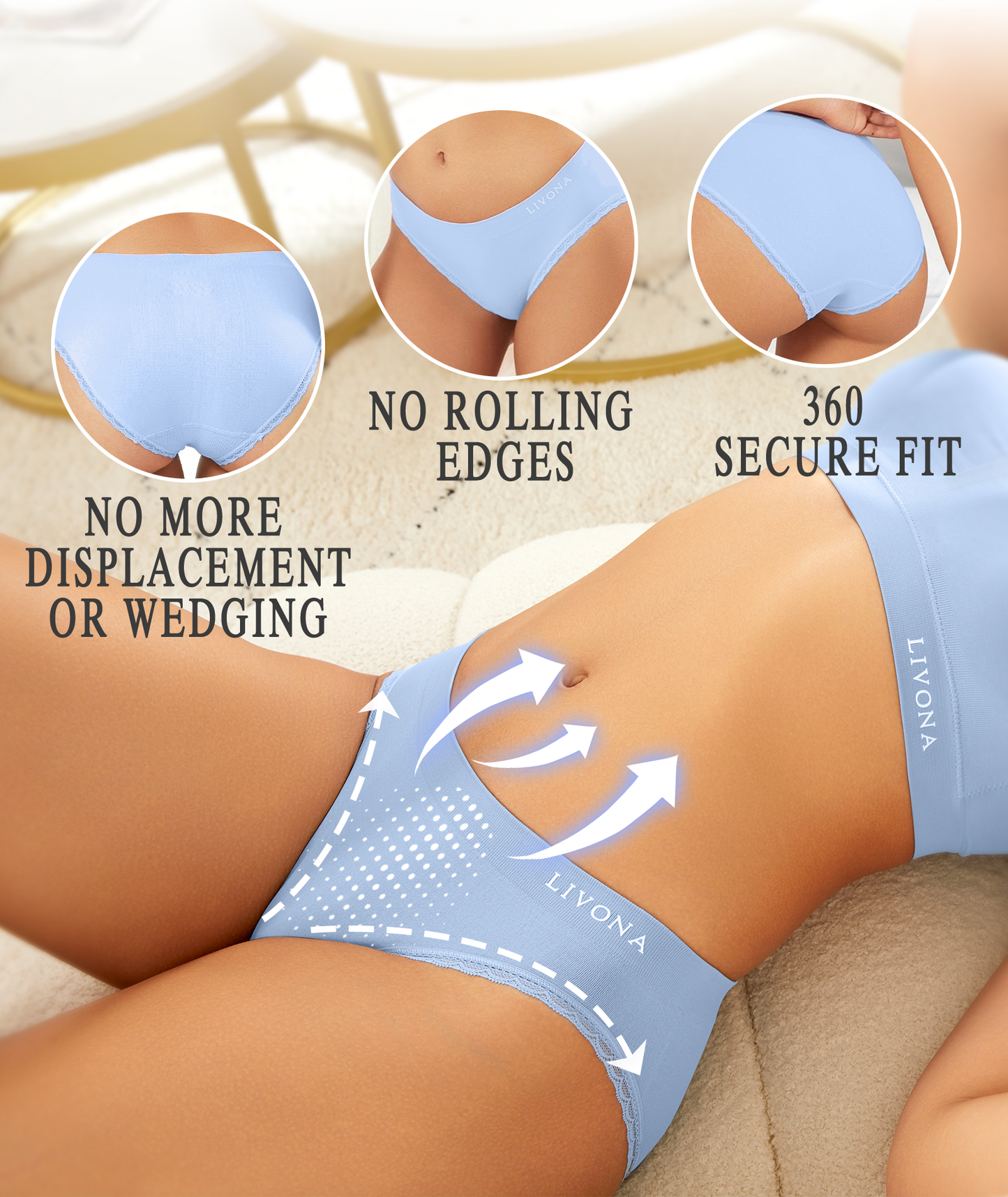 Livona 6 Pack Women's Seamless Underwear with lace-Breathable High Cut Bikini NoShow Panty Soft Stretch Brief Invisible Hipster