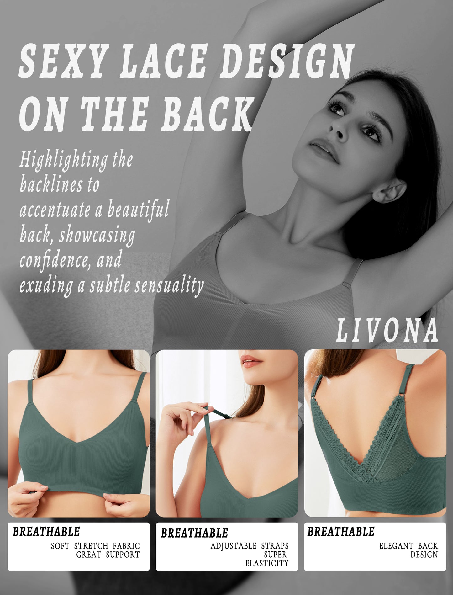Livona Lace Bralette for Women - Comfort Sports Bra Wireless Padded Bralette with Support Workout Tops Cami Crop S-XXL