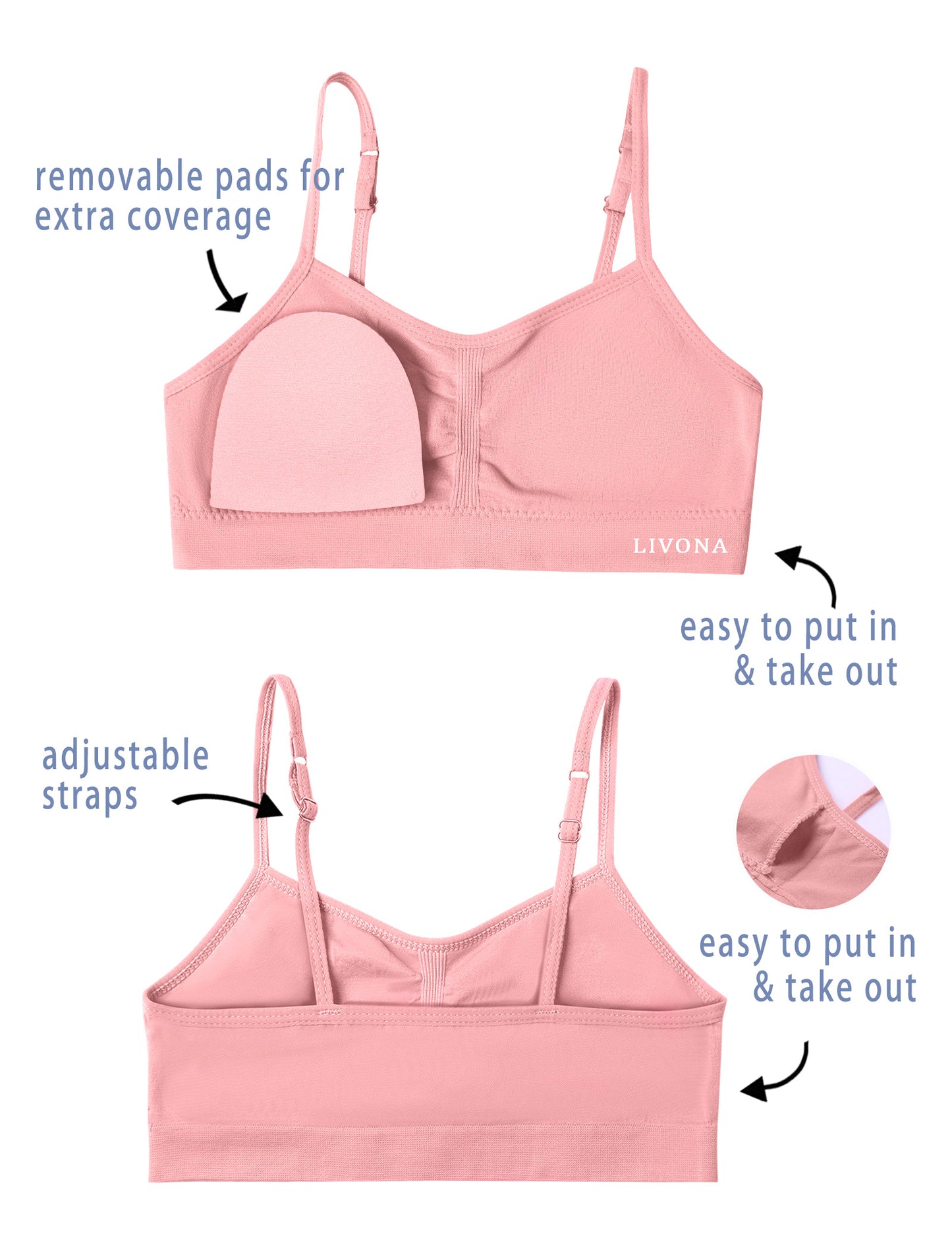 Livona 6 Pack Popular Girls Padded Training Bra Pack – Crop Cami Training Bras for Girls,Seamless Bra Design with Removable Padding