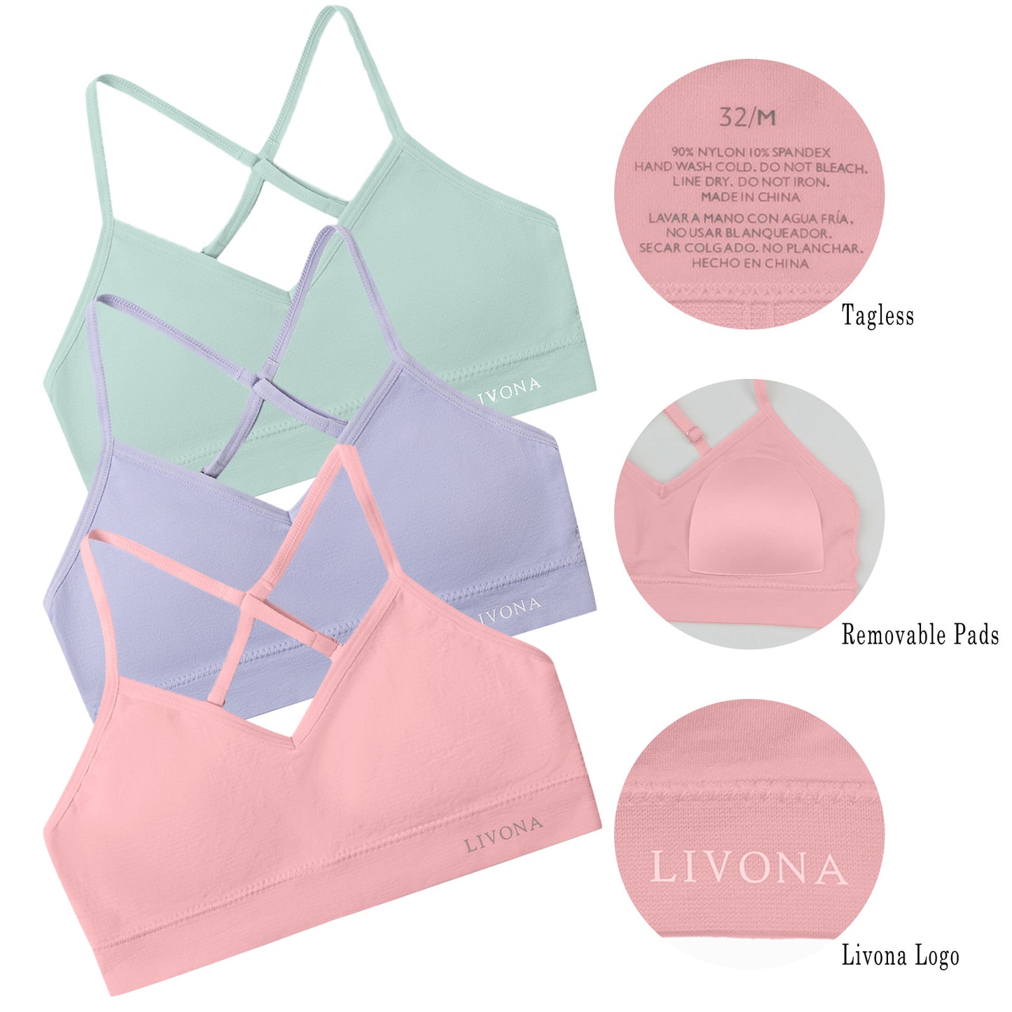 Livona Racerback Training Bra for Girls- 6 Pack Seamless Sports Bra, Padded Everyday Bra Bralette,Crop Cami Tank Top (6-14)