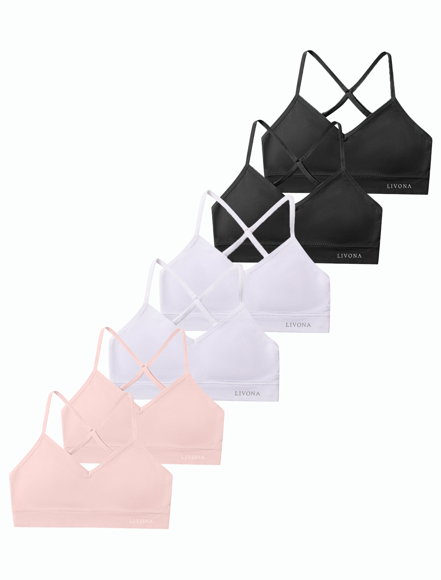 Livona Racerback Training Bra for Girls- 6 Pack Seamless Sports Bra, Padded Everyday Bra Bralette,Crop Cami Tank Top (6-14)