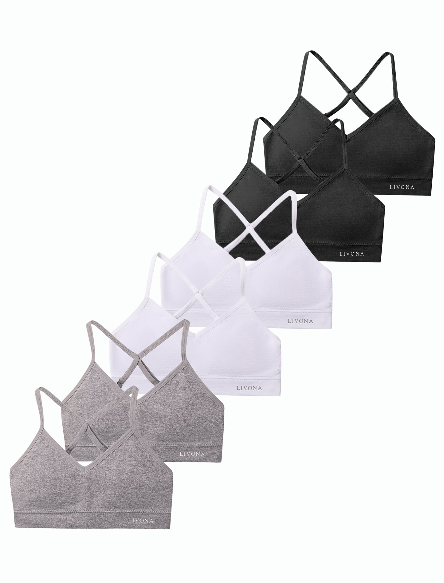 Livona Racerback Training Bra for Girls- 6 Pack Seamless Sports Bra, Padded Everyday Bra Bralette,Crop Cami Tank Top (6-14)