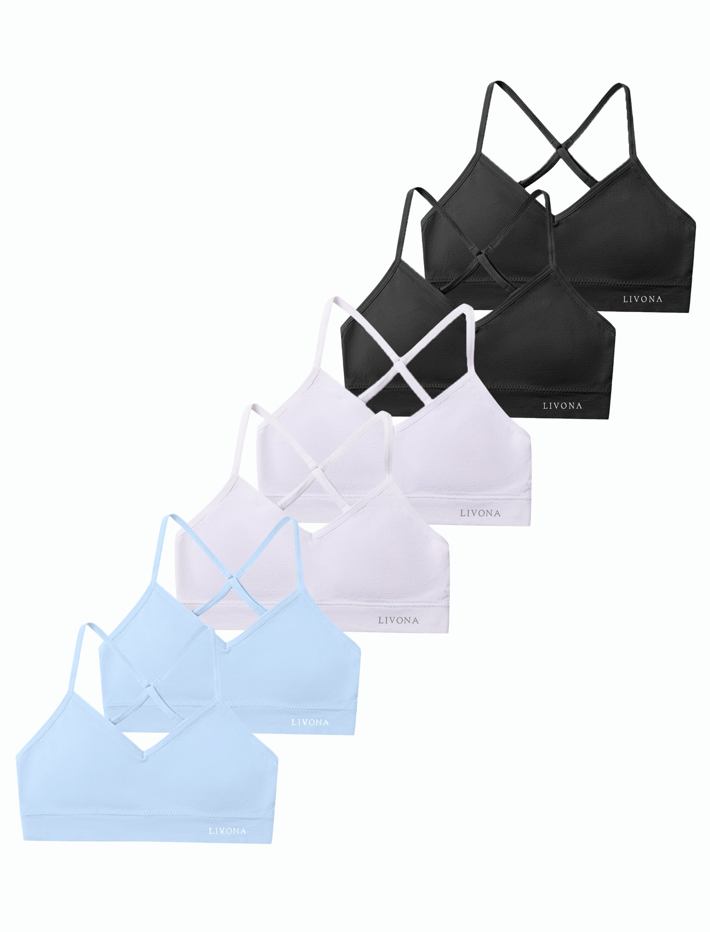 Livona Racerback Training Bra for Girls- 6 Pack Seamless Sports Bra, Padded Everyday Bra Bralette,Crop Cami Tank Top (6-14)