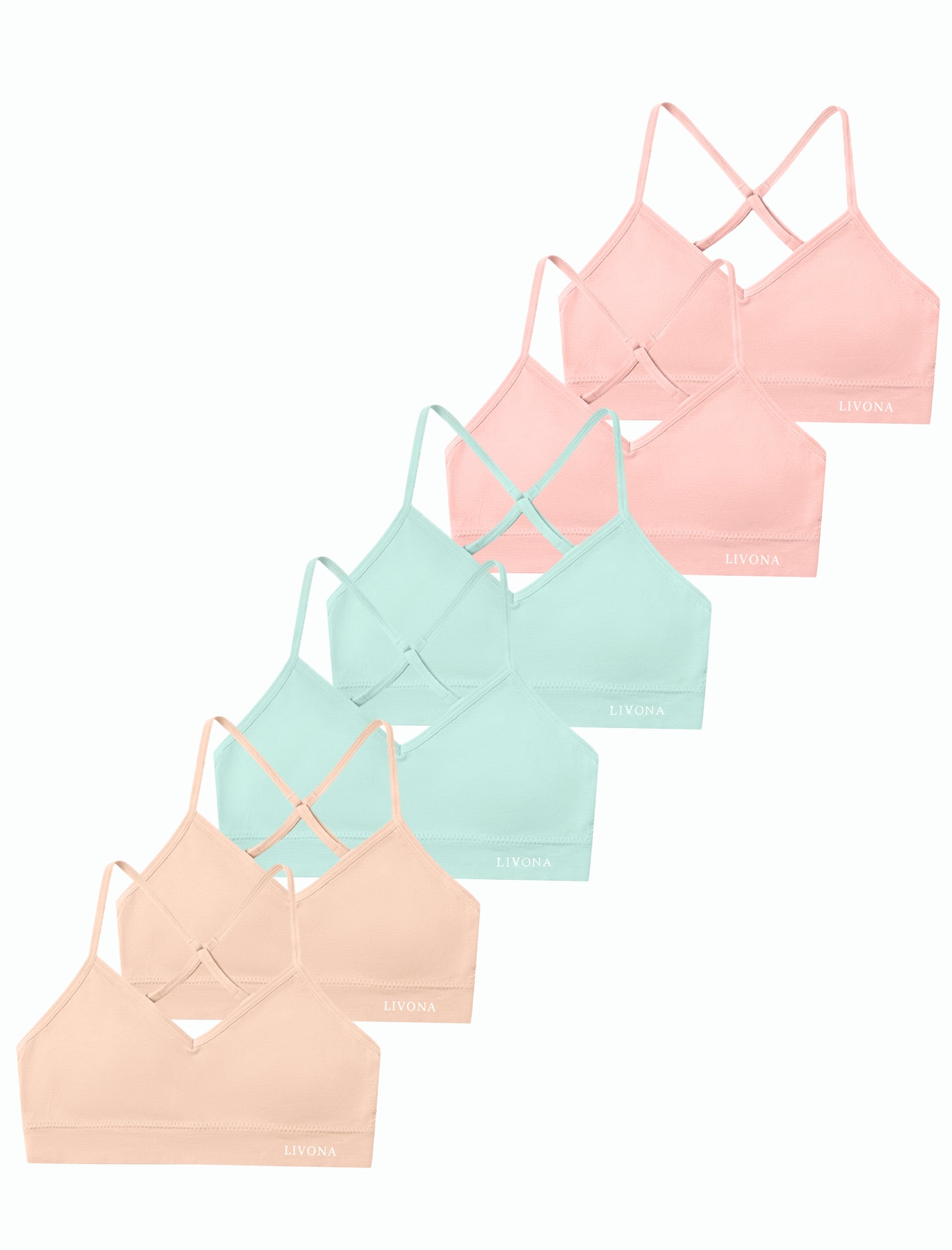 Livona Racerback Training Bra for Girls- 6 Pack Seamless Sports Bra, Padded Everyday Bra Bralette,Crop Cami Tank Top (6-14)