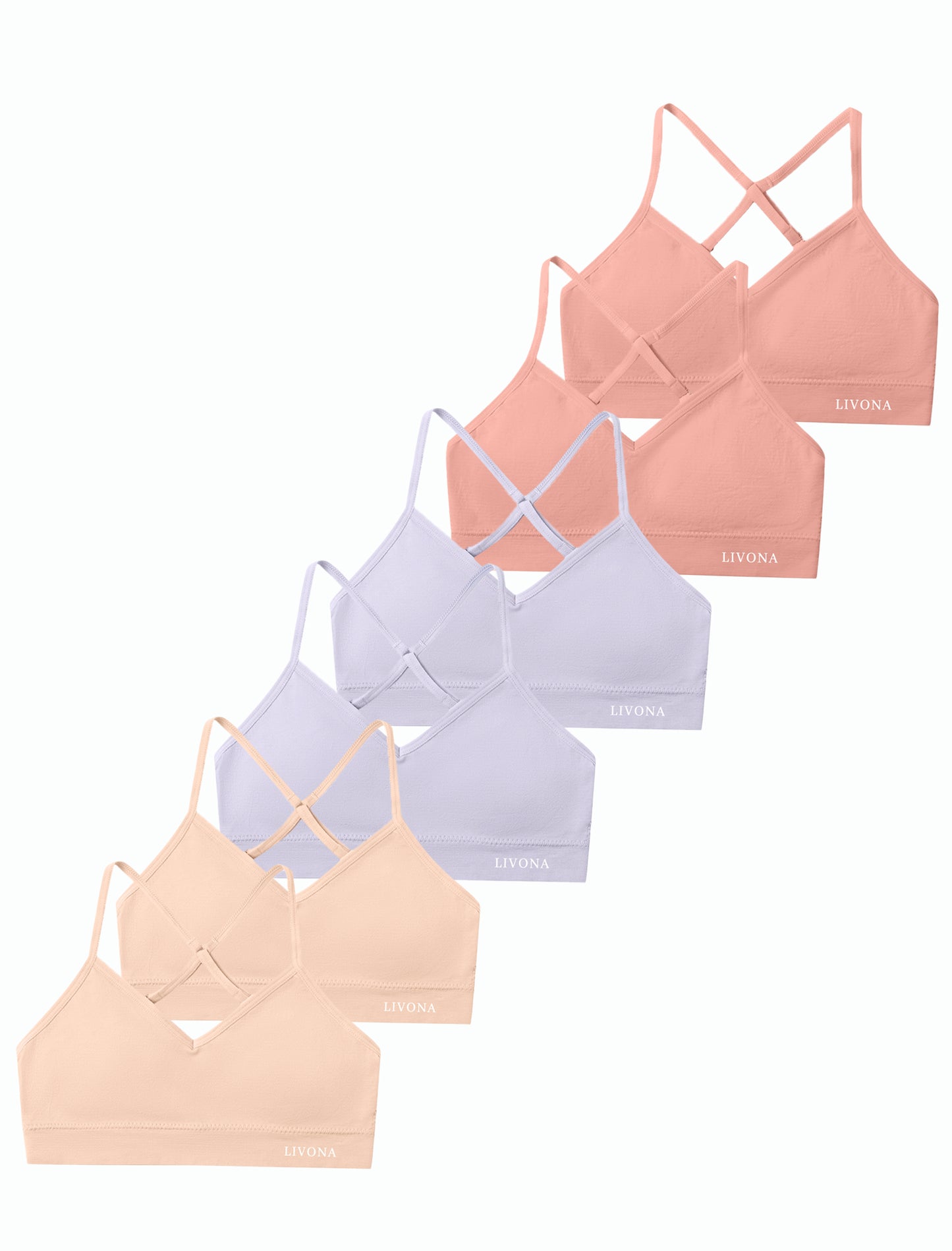 Livona Racerback Training Bra for Girls- 6 Pack Seamless Sports Bra, Padded Everyday Bra Bralette,Crop Cami Tank Top (6-14)