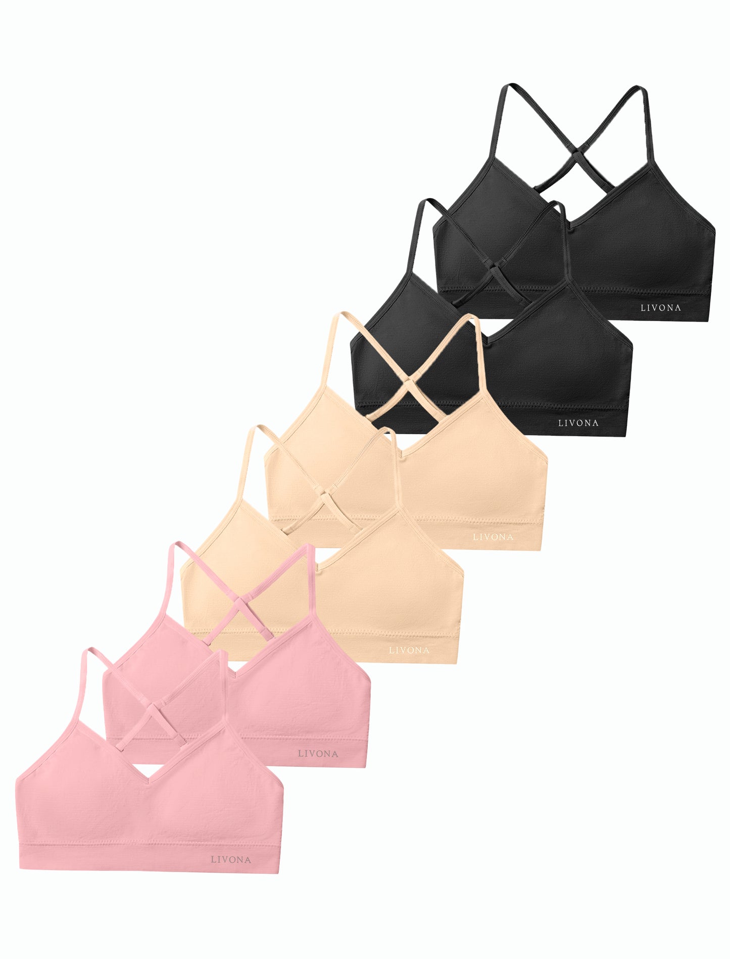 Livona Racerback Training Bra for Girls- 6 Pack Seamless Sports Bra, Padded Everyday Bra Bralette,Crop Cami Tank Top (6-14)