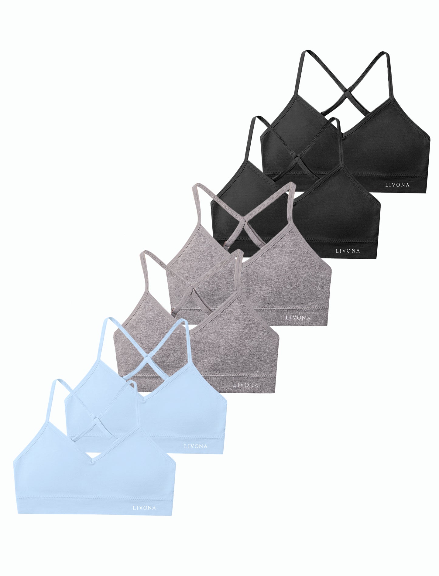 Livona Racerback Training Bra for Girls- 6 Pack Seamless Sports Bra, Padded Everyday Bra Bralette,Crop Cami Tank Top (6-14)