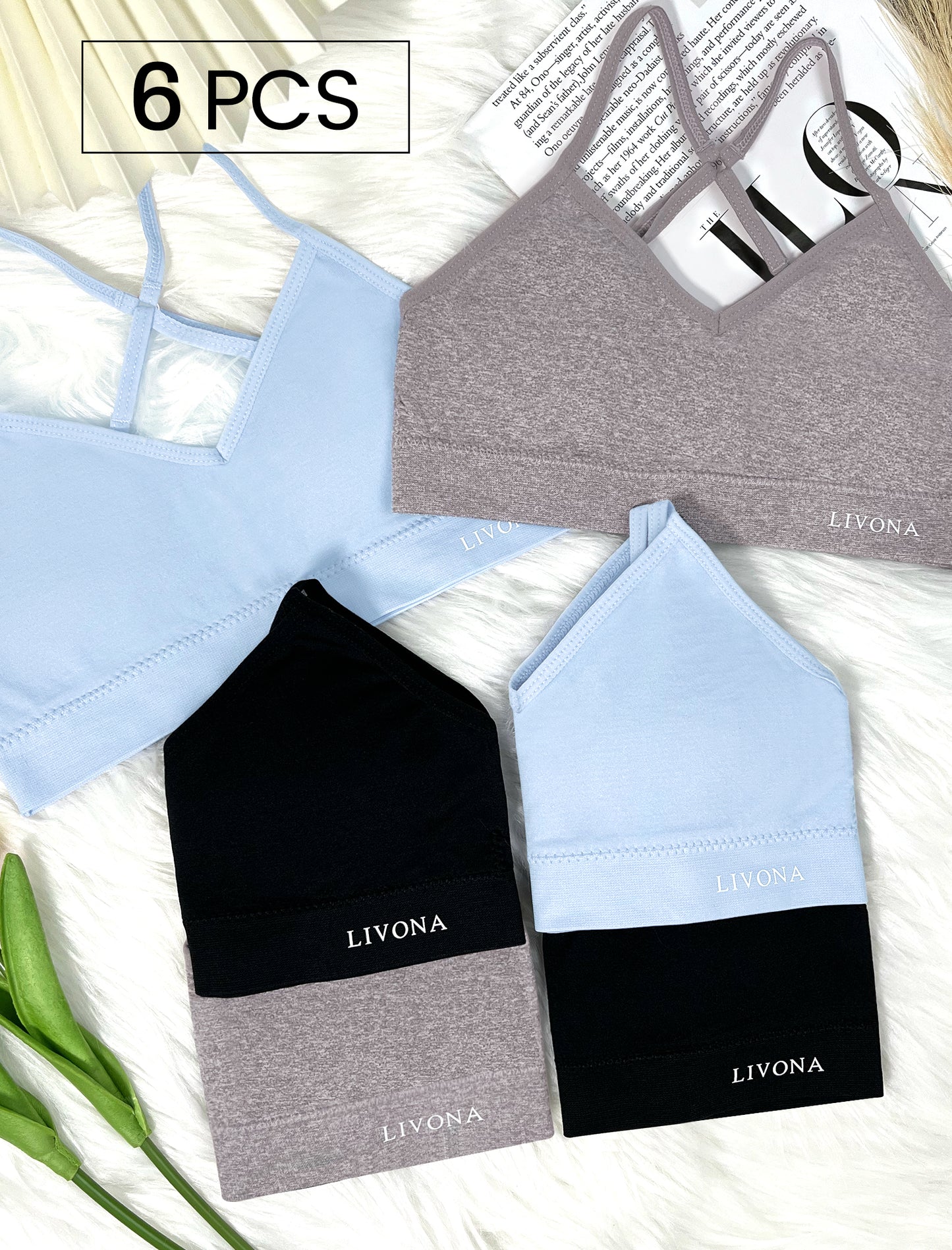 Livona Racerback Training Bra for Girls- 6 Pack Seamless Sports Bra, Padded Everyday Bra Bralette,Crop Cami Tank Top (6-14)