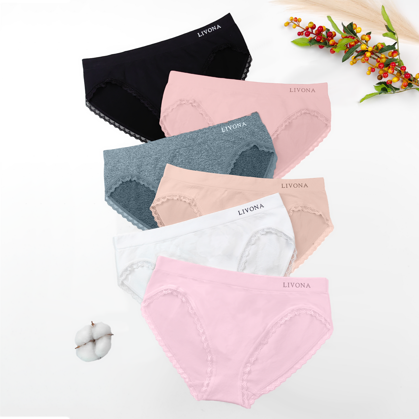 Livona 6 Pack Women's Seamless Underwear with lace-Breathable High Cut Bikini NoShow Panty Soft Stretch Brief Invisible Hipster
