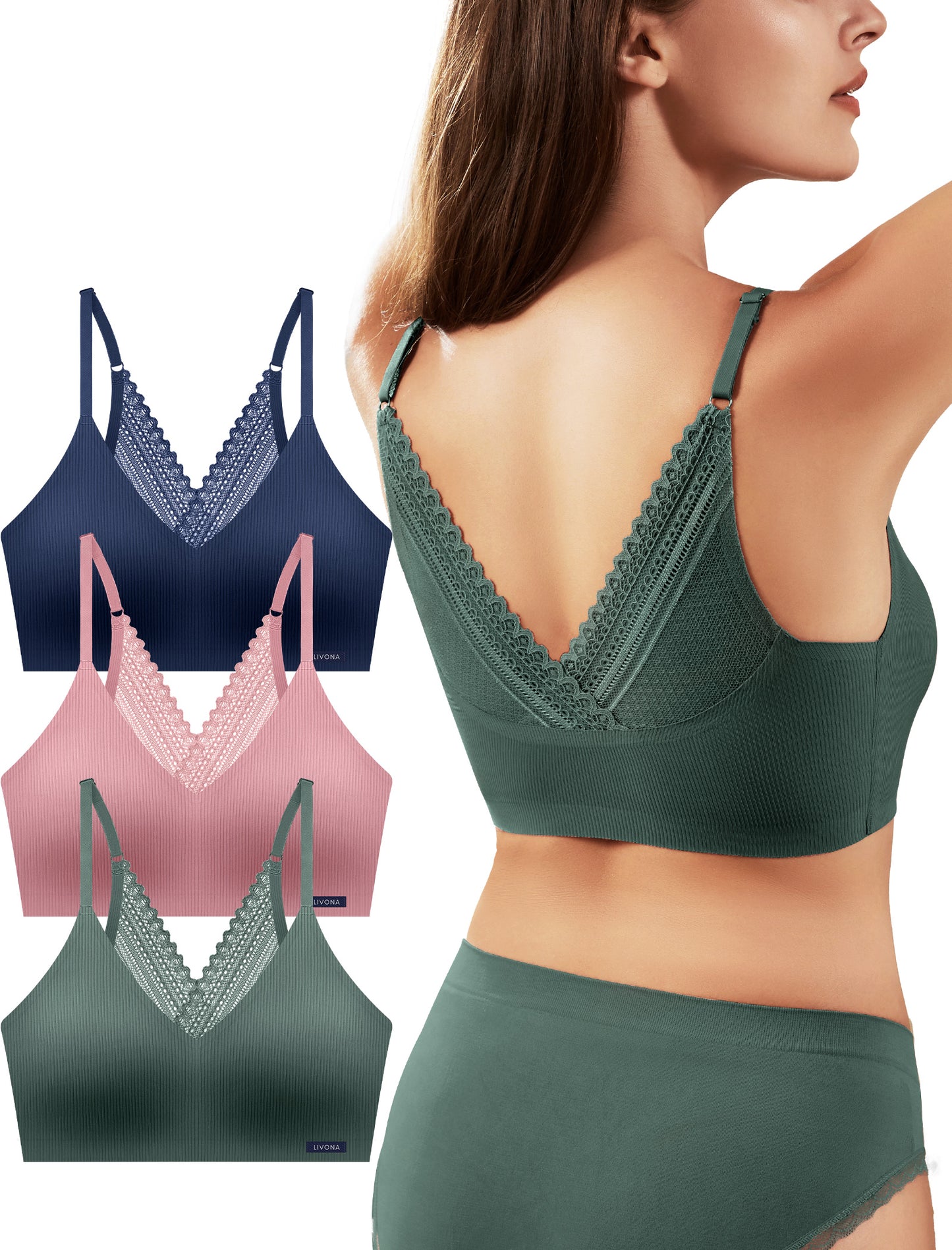 Livona Lace Bralette for Women - Comfort Sports Bra Wireless Padded Bralette with Support Workout Tops Cami Crop S-XXL