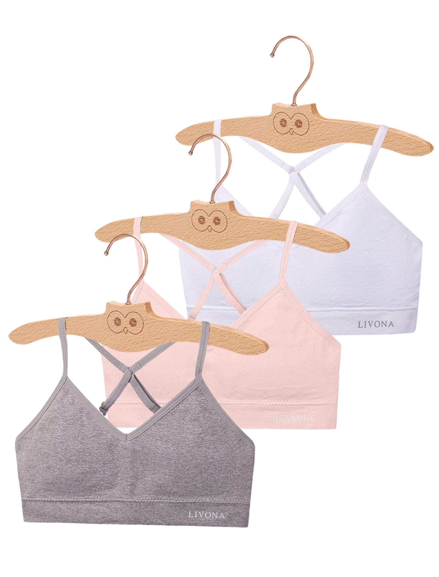 Livona Racerback Training Bra for Girls- 3 Pack Seamless Sports Bra, Padded Everyday Bra Bralette,Crop Cami Tank Top (6-14)