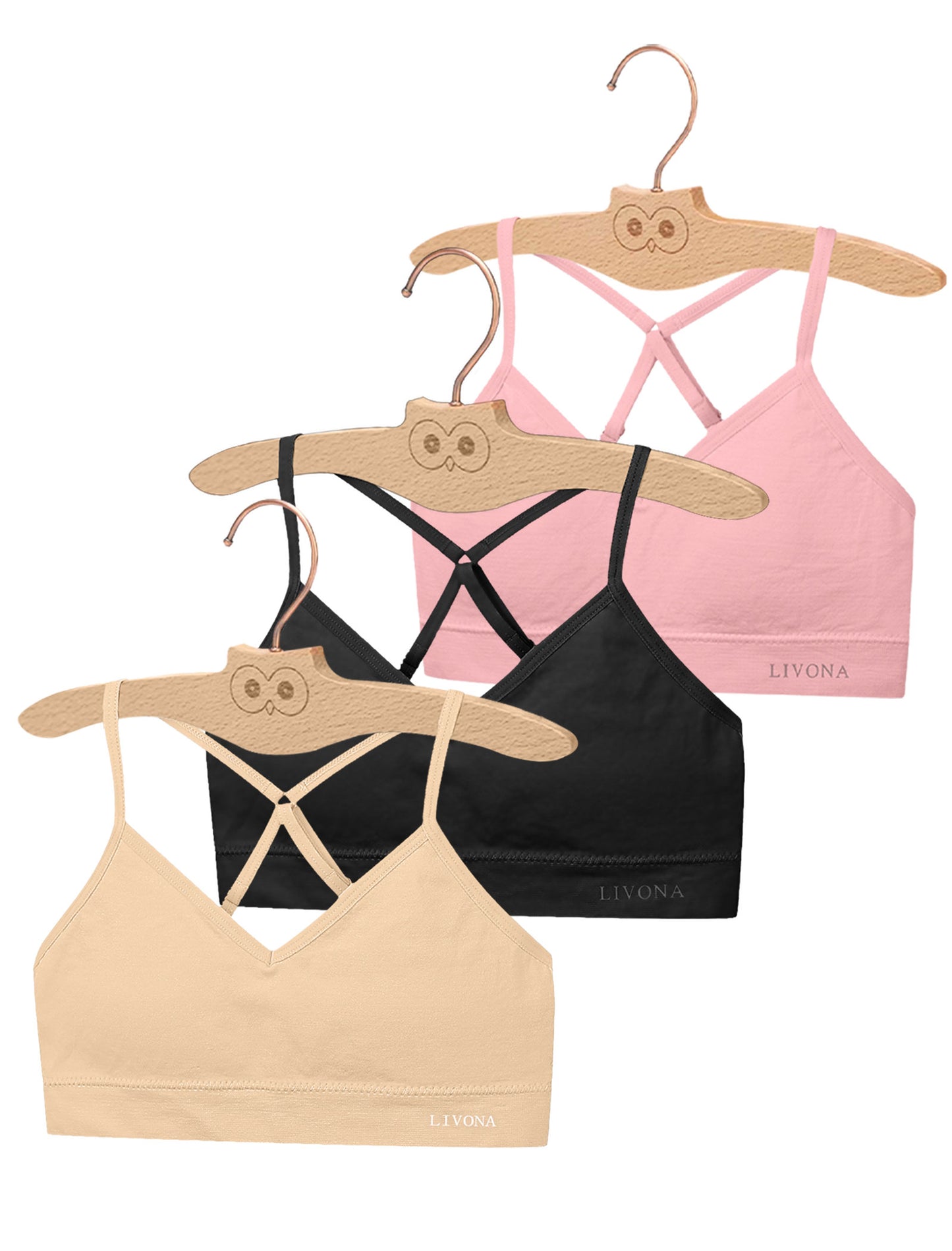 Livona Racerback Training Bra for Girls- 3 Pack Seamless Sports Bra, Padded Everyday Bra Bralette,Crop Cami Tank Top (6-14)