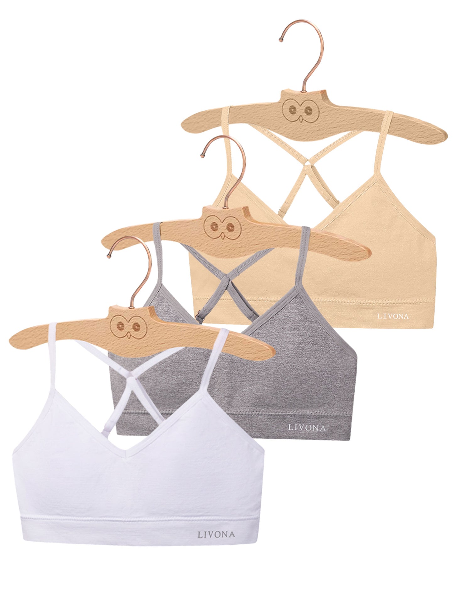 Livona Racerback Training Bra for Girls- 3 Pack Seamless Sports Bra, Padded Everyday Bra Bralette,Crop Cami Tank Top (6-14)