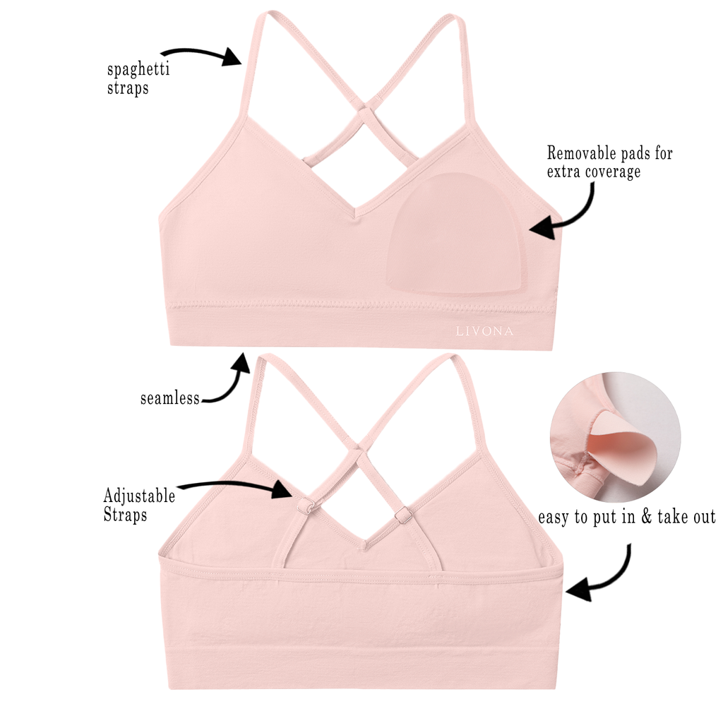 Livona Racerback Training Bra for Girls- 6 Pack Seamless Sports Bra, Padded Everyday Bra Bralette,Crop Cami Tank Top (6-14)