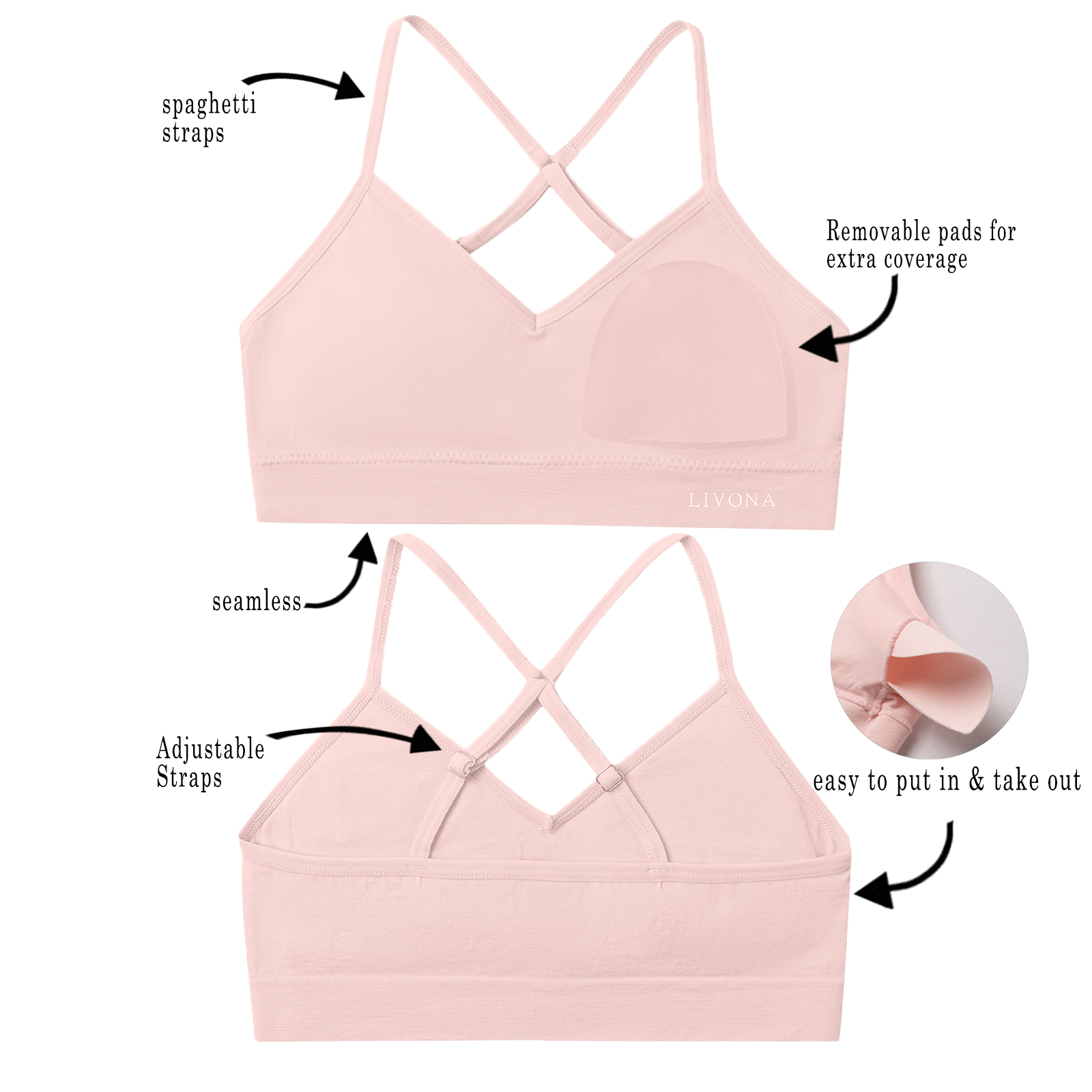 Livona Racerback Training Bra for Girls- 6 Pack Seamless Sports Bra, Padded Everyday Bra Bralette,Crop Cami Tank Top (6-14)