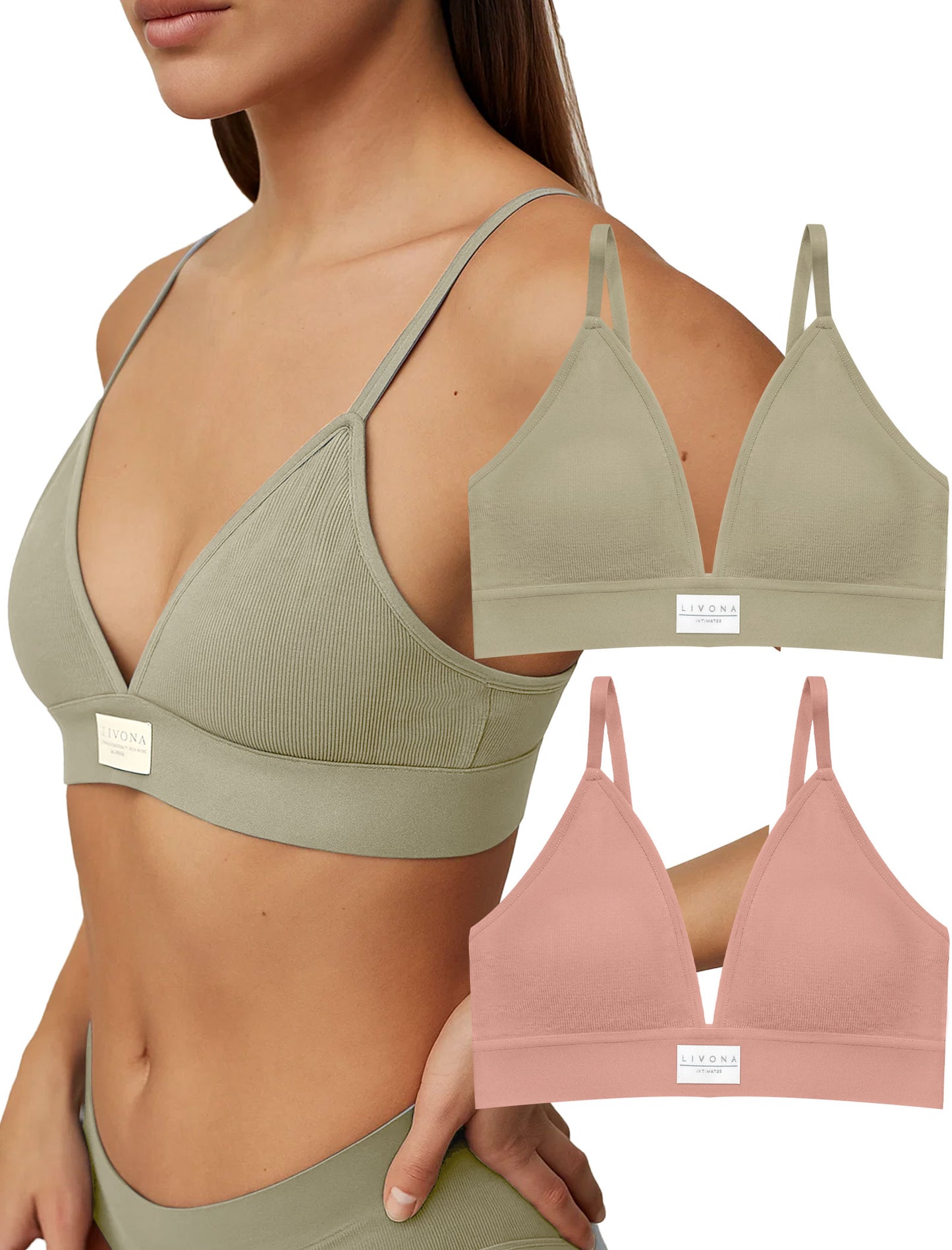 Livona Sports Bras for Women - 2 Pack V-Neck Wireless Bra Bralettes with Support Comfort Plunge Workout Tops Padded Fitness Cami Crop Tank S-XXL