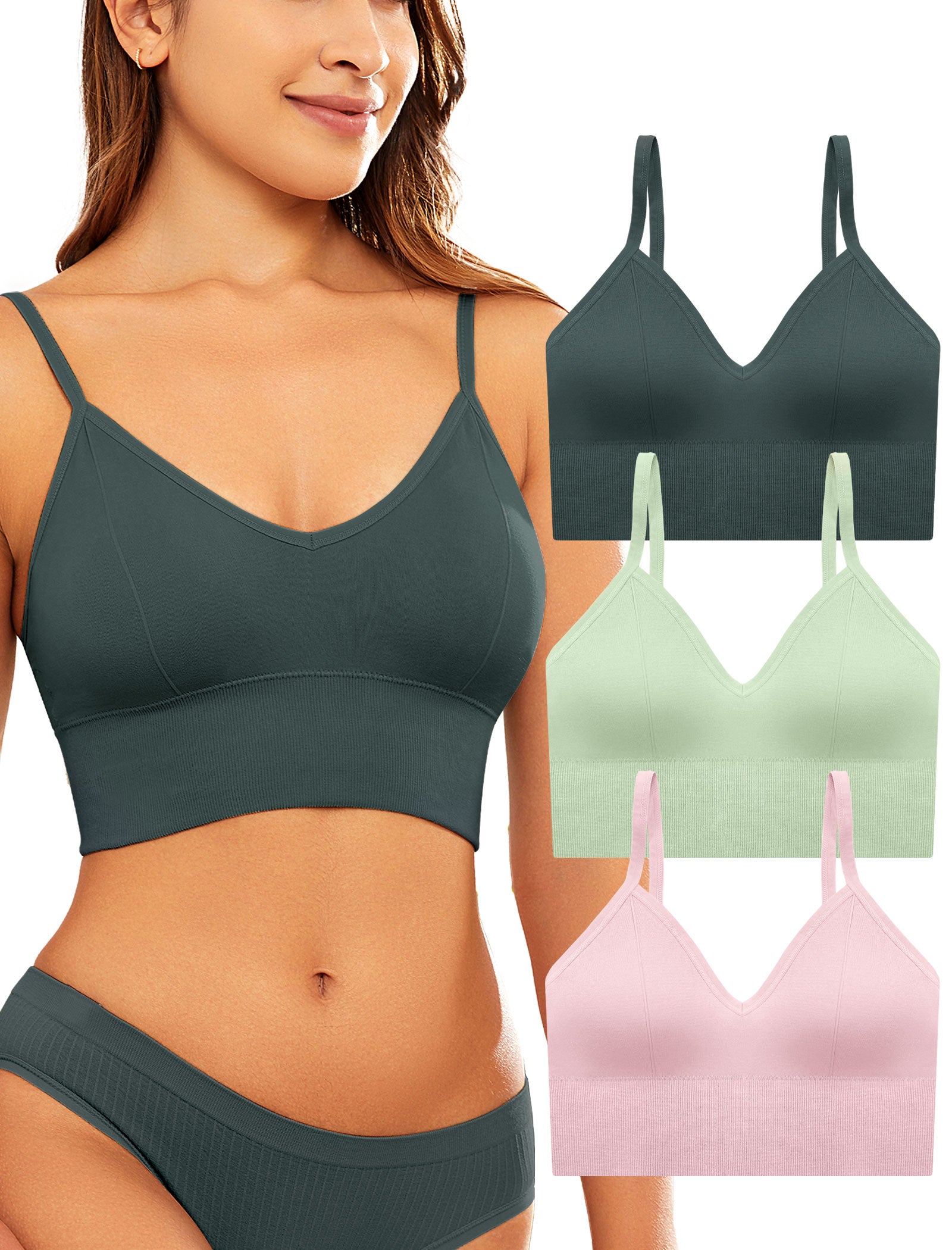LIVONA 3 Pack Women's Seamless Sports Bra V-Neck Wirefree with Removable Pads Everyday Soft Invisible Lounge Cami Bralette S-XXL