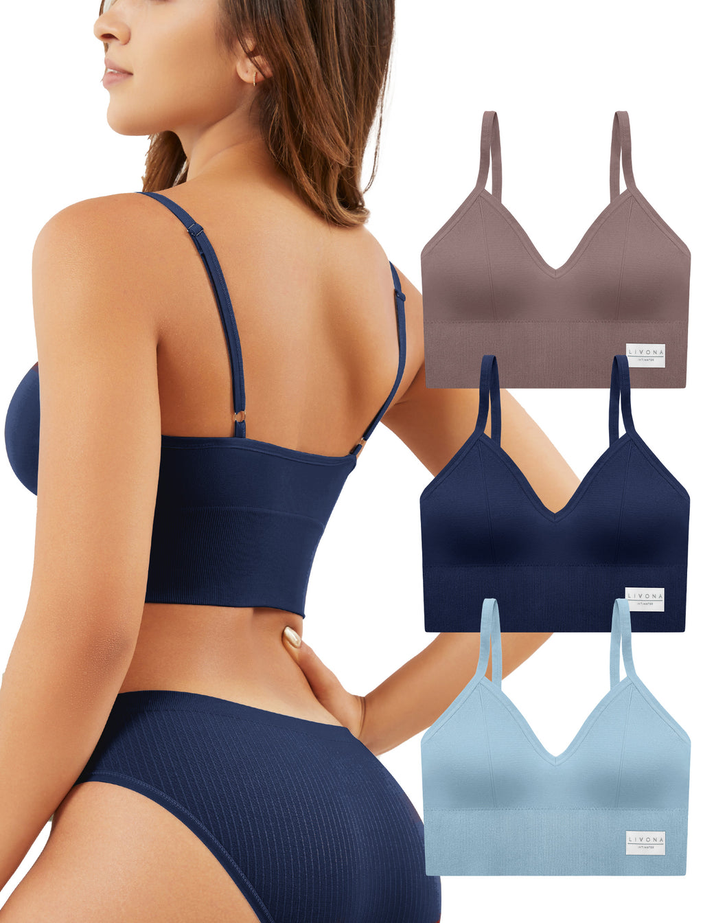 LIVONA 3 Pack Women's Seamless Sports Bra V-Neck Wirefree with Removable Pads Everyday Soft Invisible Lounge Cami Bralette S-XXL