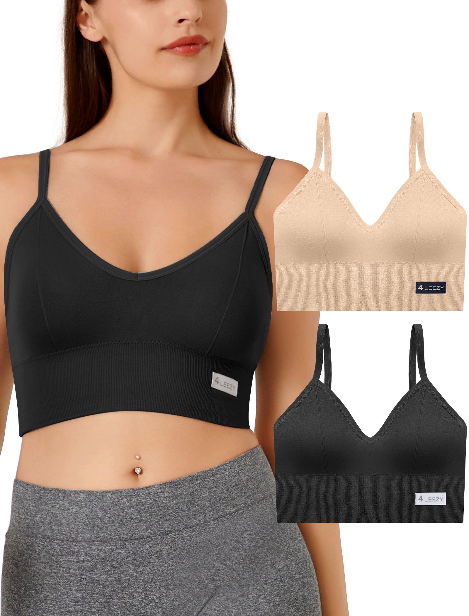 4Leezy 2 Pack Sports Bras for Women- Wireless Soft Workout Tops, Padded Seamless Fitness Bralettes, Adjustable Comfort Crop Cami Tank S-XXL