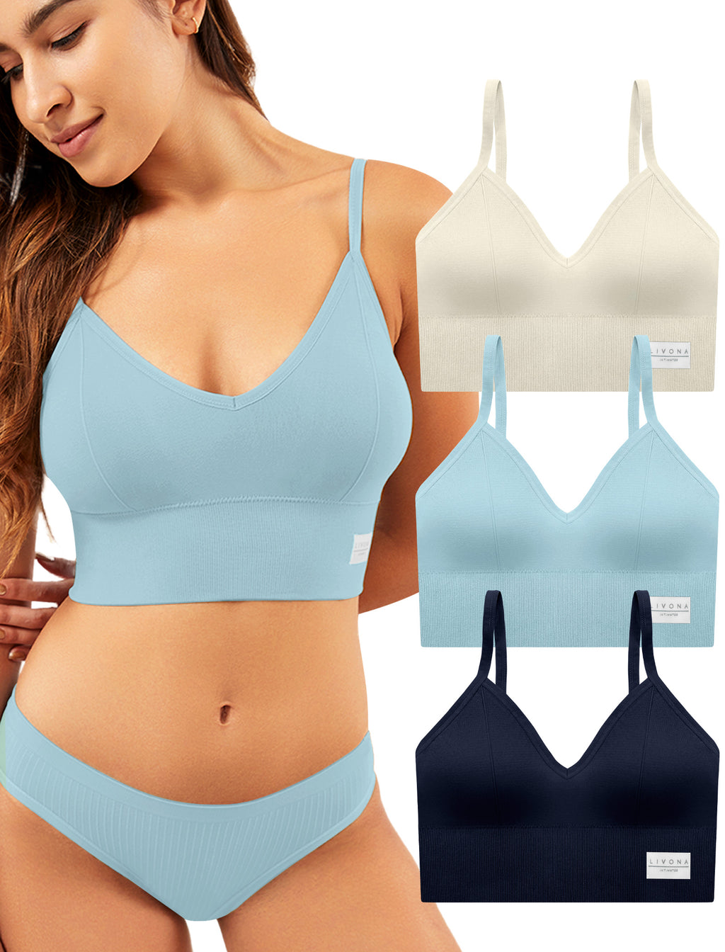 LIVONA 3 Pack Women's Seamless Sports Bra V-Neck Wirefree with Removable Pads Everyday Soft Invisible Lounge Cami Bralette S-XXL