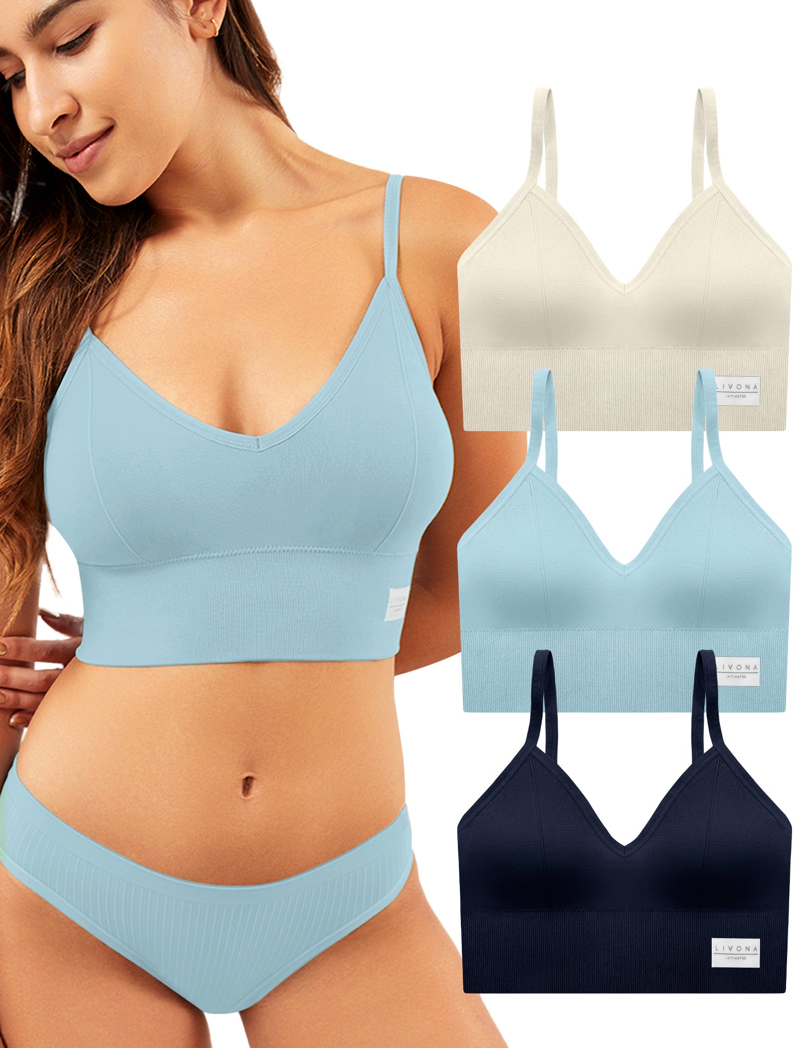 LIVONA 3 Pack Women's Seamless Sports Bra V-Neck Wirefree with Removable Pads Everyday Soft Invisible Lounge Cami Bralette S-XXL