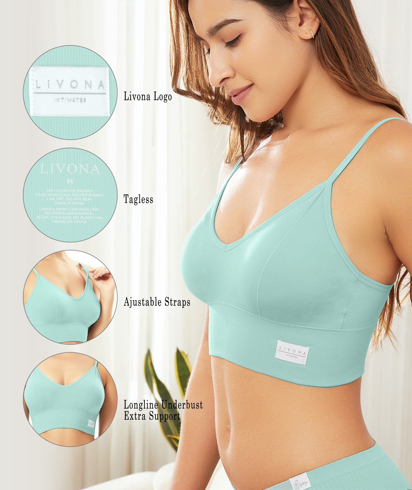 LIVONA 3 Pack Women's Seamless Sports Bra V-Neck Wirefree with Removable Pads Everyday Soft Invisible Lounge Cami Bralette S-XXL