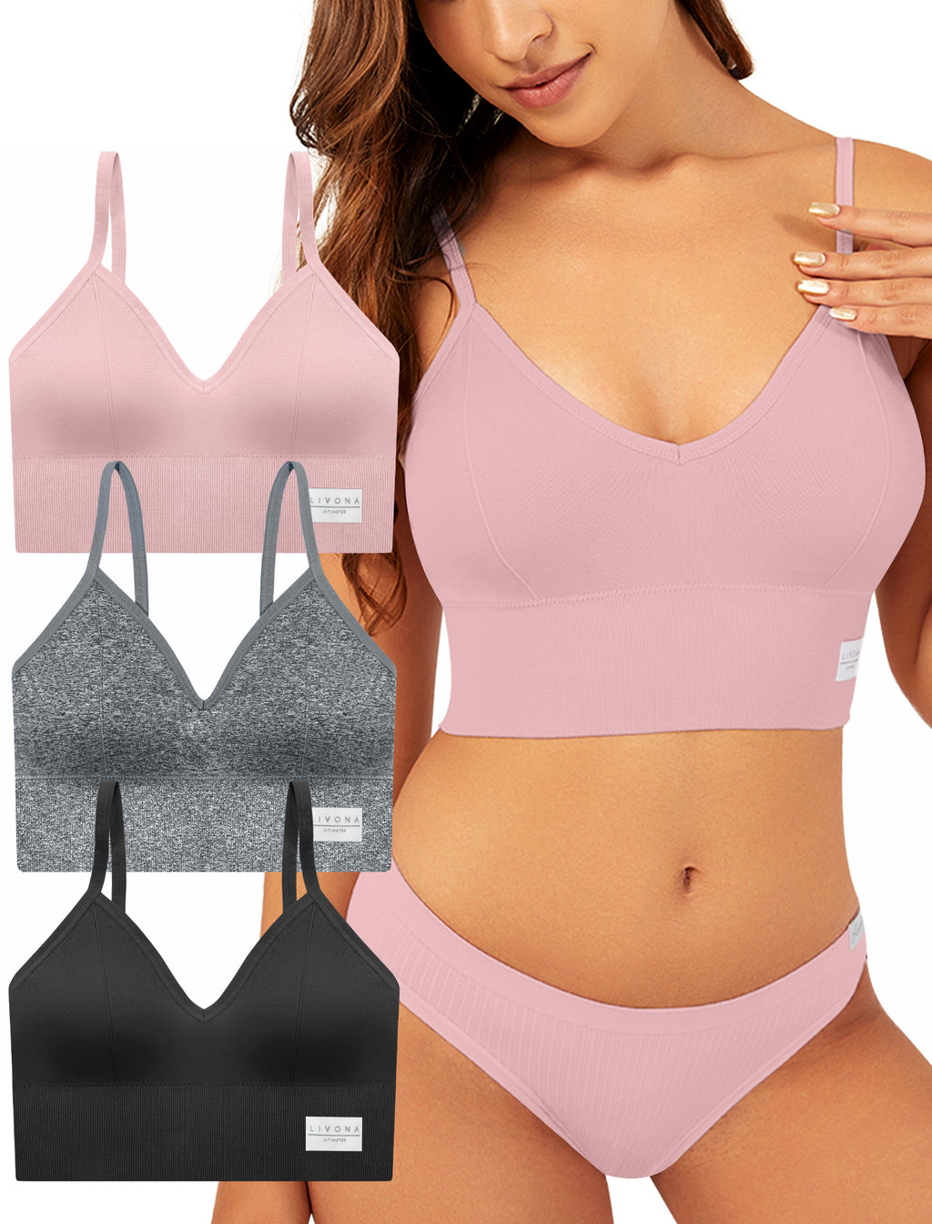 LIVONA 3 Pack Women's Seamless Sports Bra V-Neck Wirefree with Removable Pads Everyday Soft Invisible Lounge Cami Bralette S-XXL