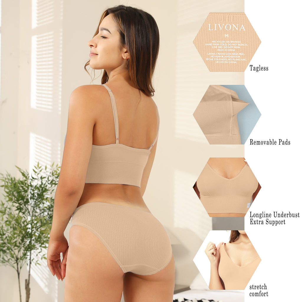 LIVONA 3 Pack Women's Seamless Sports Bra V-Neck Wirefree with Removable Pads Everyday Soft Invisible Lounge Cami Bralette S-XXL