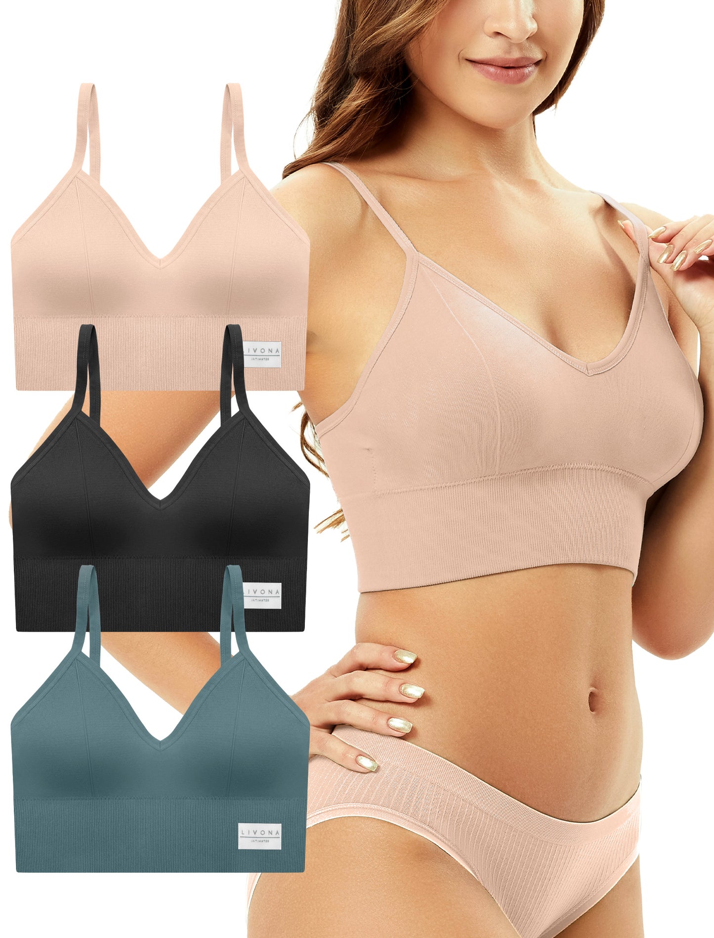 LIVONA 3 Pack Women's Seamless Sports Bra V-Neck Wirefree with Removable Pads Everyday Soft Invisible Lounge Cami Bralette S-XXL