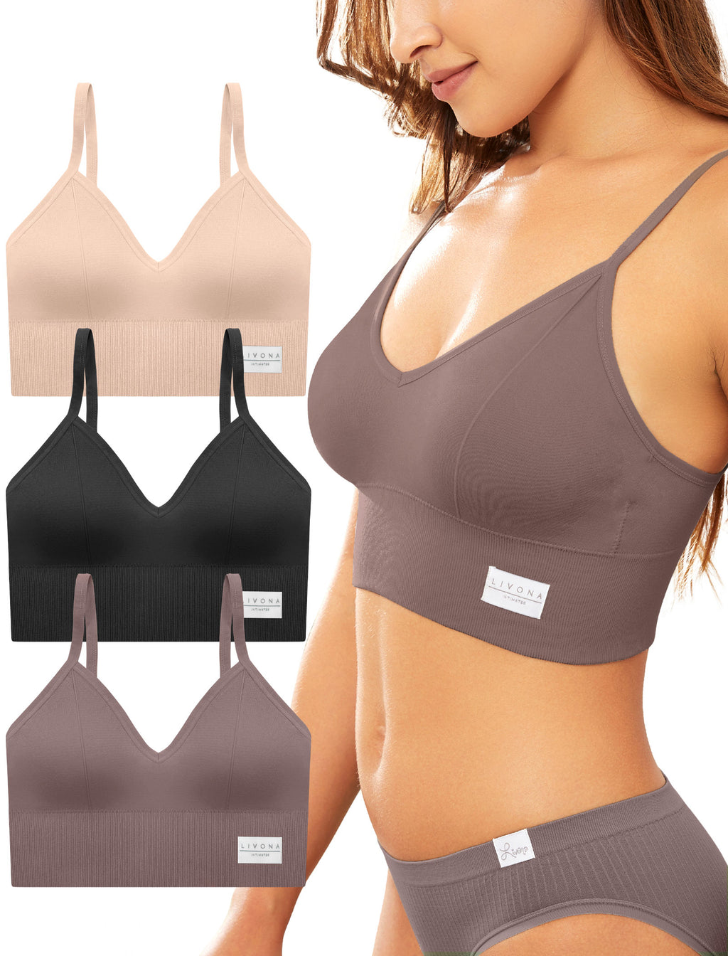LIVONA 3 Pack Women's Seamless Sports Bra V-Neck Wirefree with Removable Pads Everyday Soft Invisible Lounge Cami Bralette S-XXL