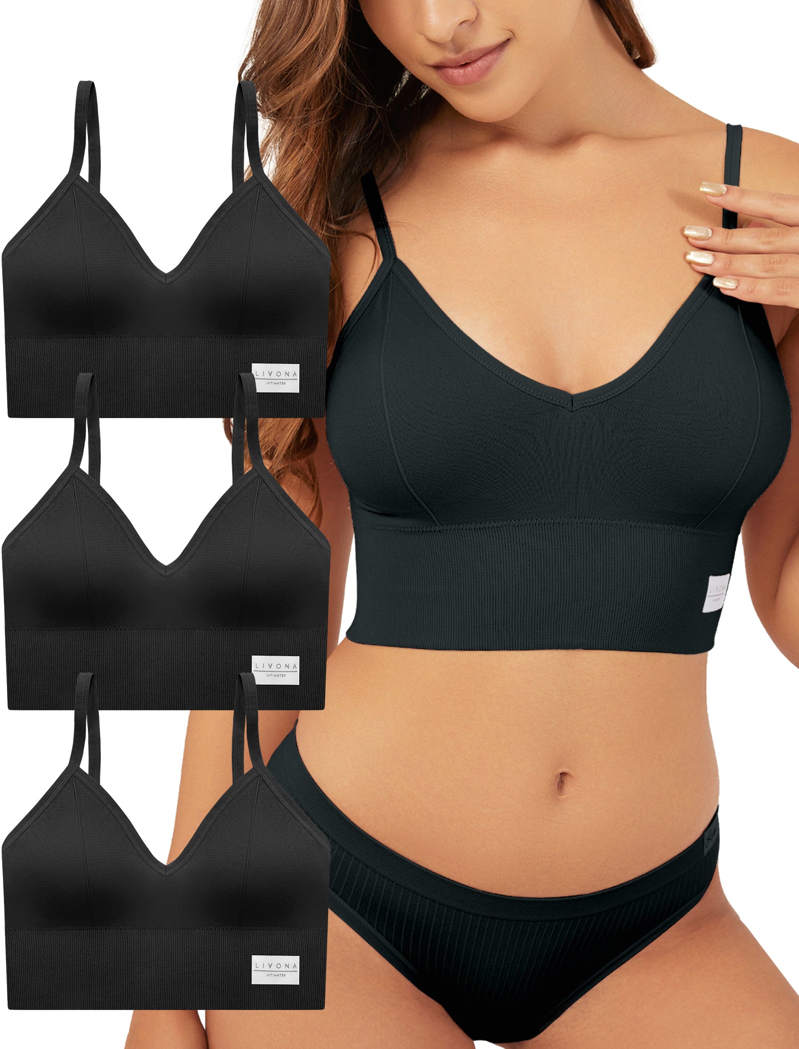 LIVONA 3 Pack Women's Seamless Sports Bra V-Neck Wirefree with Removable Pads Everyday Soft Invisible Lounge Cami Bralette S-XXL
