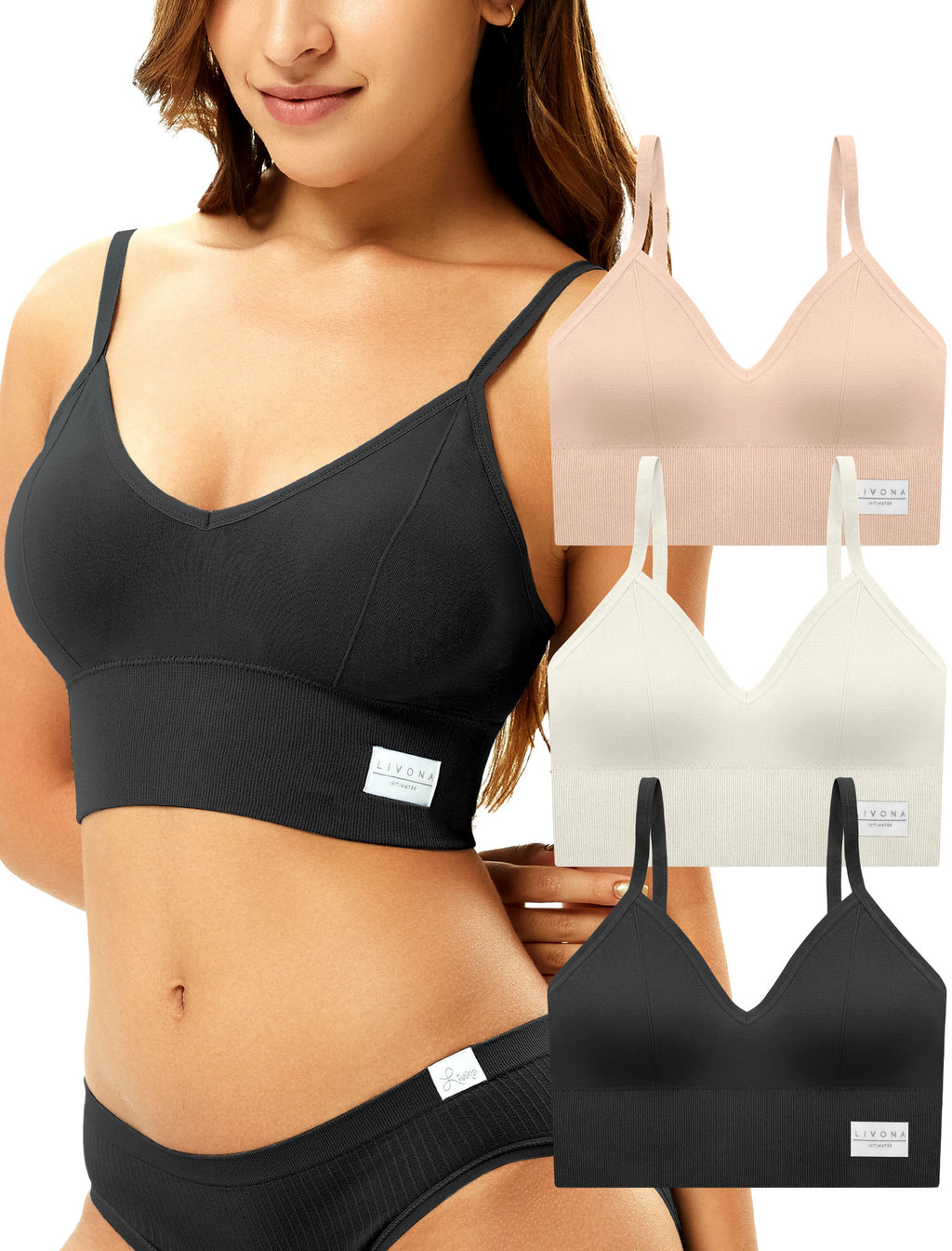 LIVONA 3 Pack Women's Seamless Sports Bra V-Neck Wirefree with Removable Pads Everyday Soft Invisible Lounge Cami Bralette S-XXL