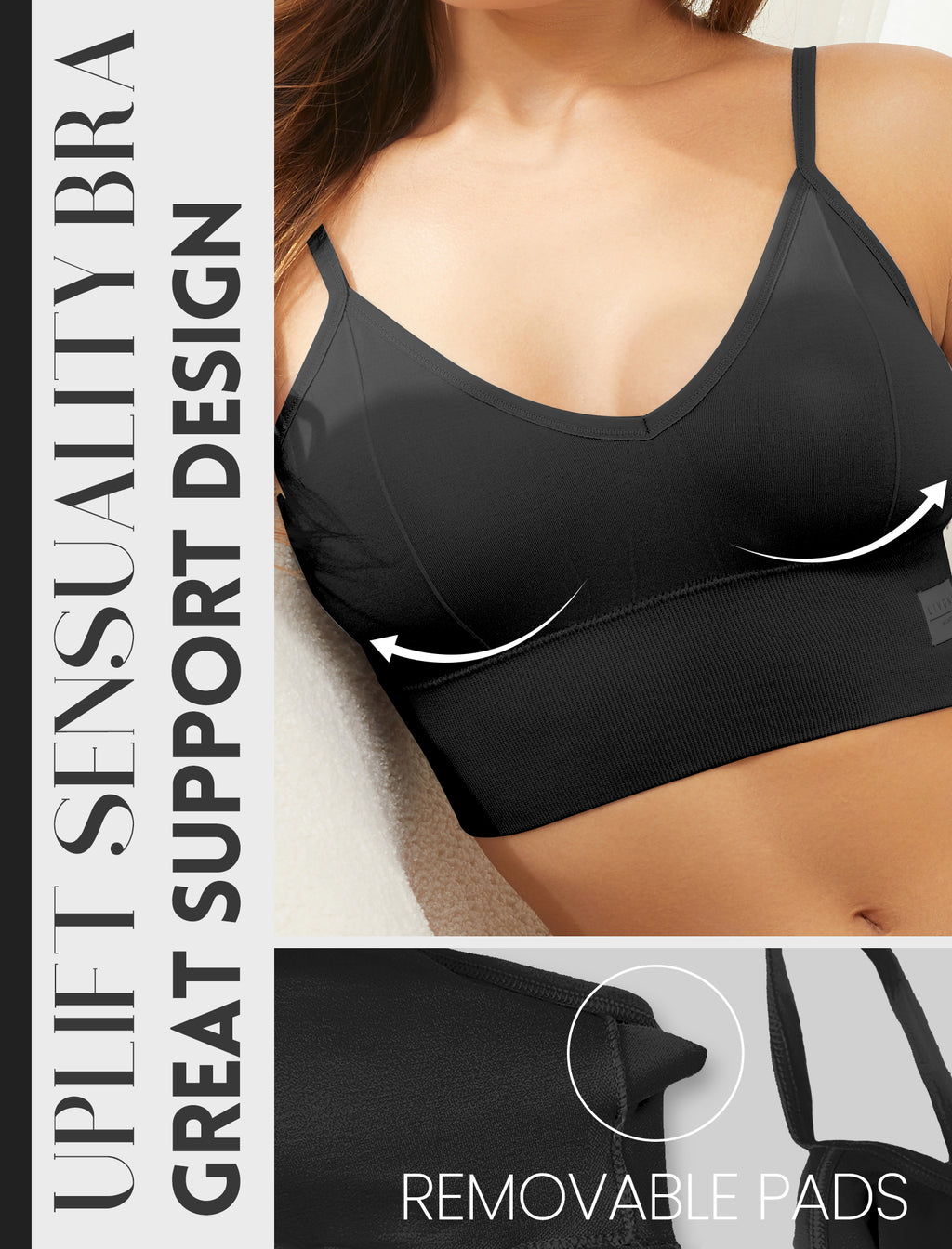 LIVONA 3 Pack Women's Seamless Sports Bra V-Neck Wirefree with Removable Pads Everyday Soft Invisible Lounge Cami Bralette S-XXL