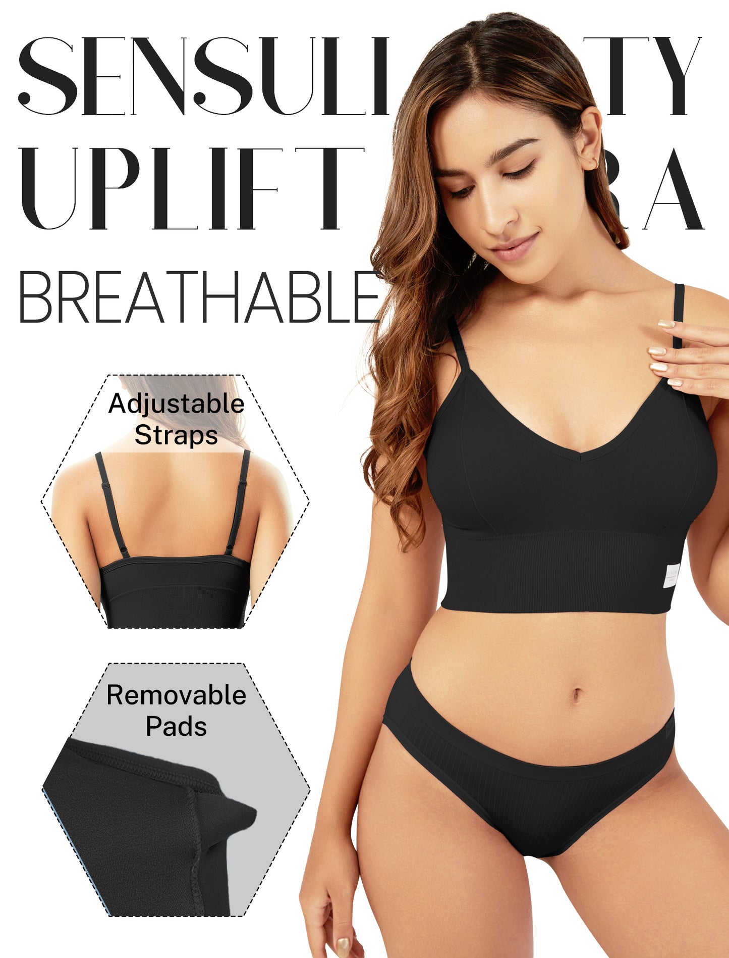 LIVONA 3 Pack Women's Seamless Sports Bra V-Neck Wirefree with Removable Pads Everyday Soft Invisible Lounge Cami Bralette S-XXL