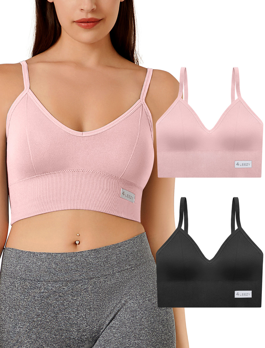4Leezy 2 Pack Sports Bras for Women- Wireless Soft Workout Tops, Padded Seamless Fitness Bralettes, Adjustable Comfort Crop Cami Tank S-XXL
