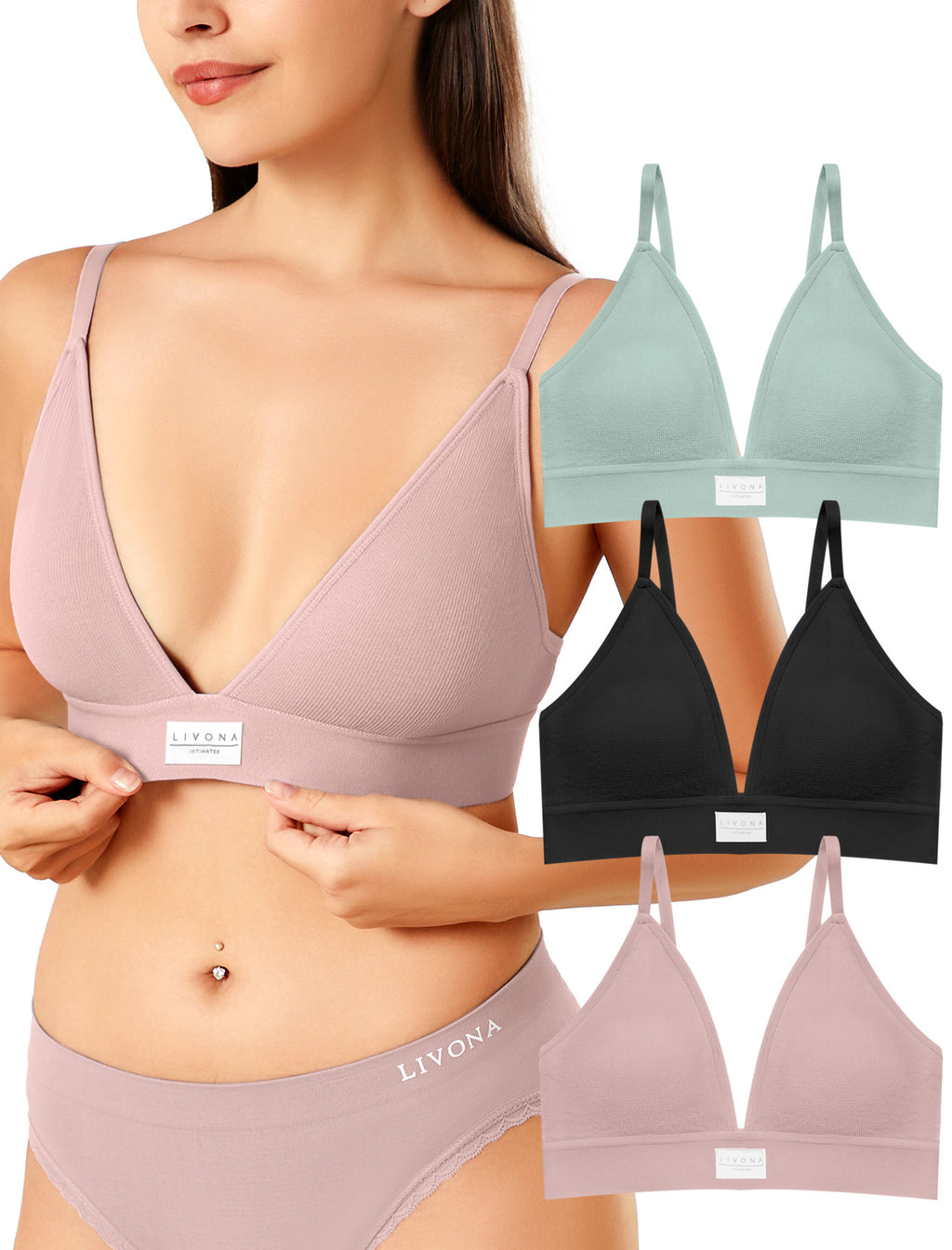 Livona 3 Pack Sports Bras for Women - V-Neck Wireless Bralettes with Support Comfort Plunge Padded Fitness Cami Crop S-XXL