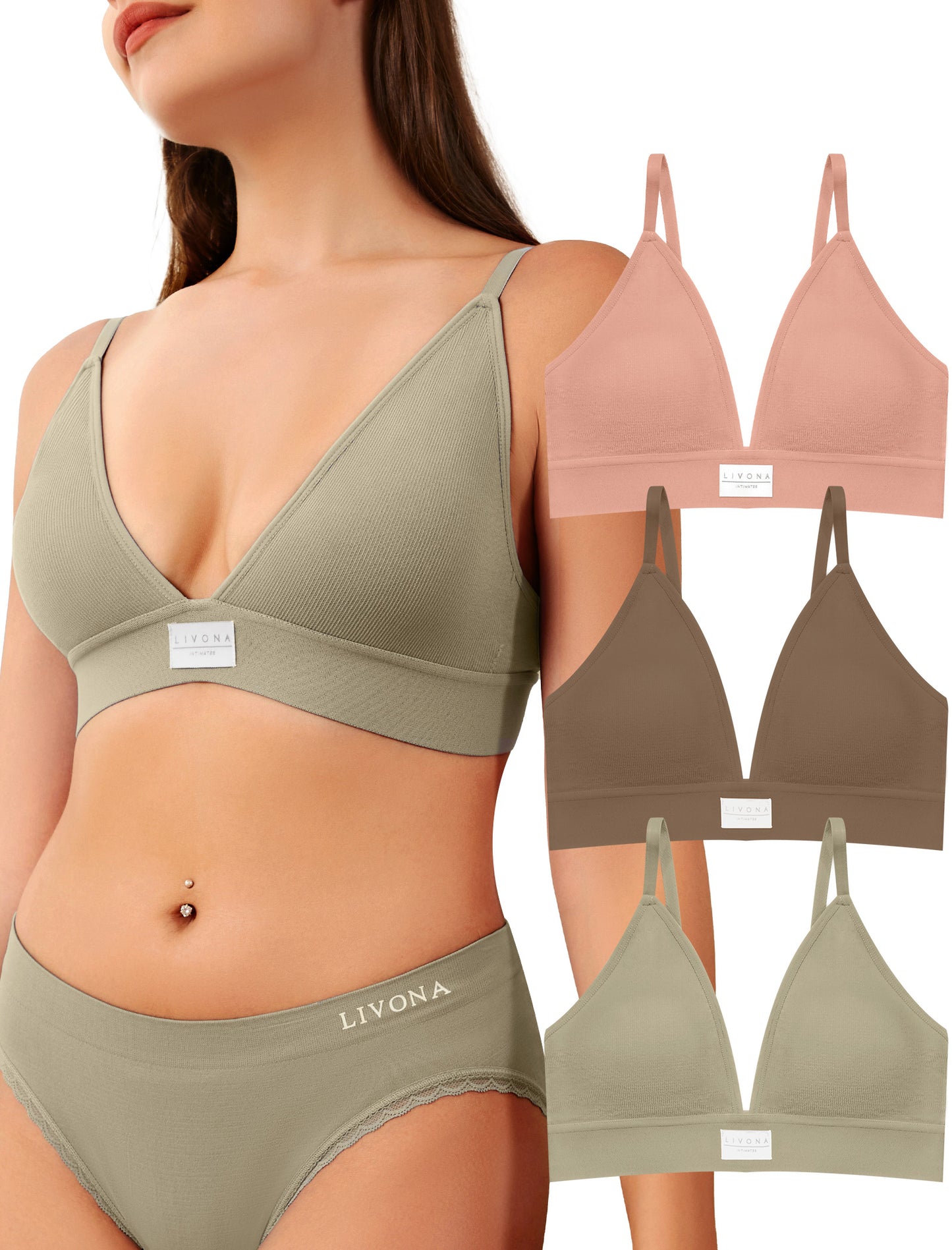 Livona 3 Pack Sports Bras for Women - V-Neck Wireless Bralettes with Support Comfort Plunge Padded Fitness Cami Crop S-XXL
