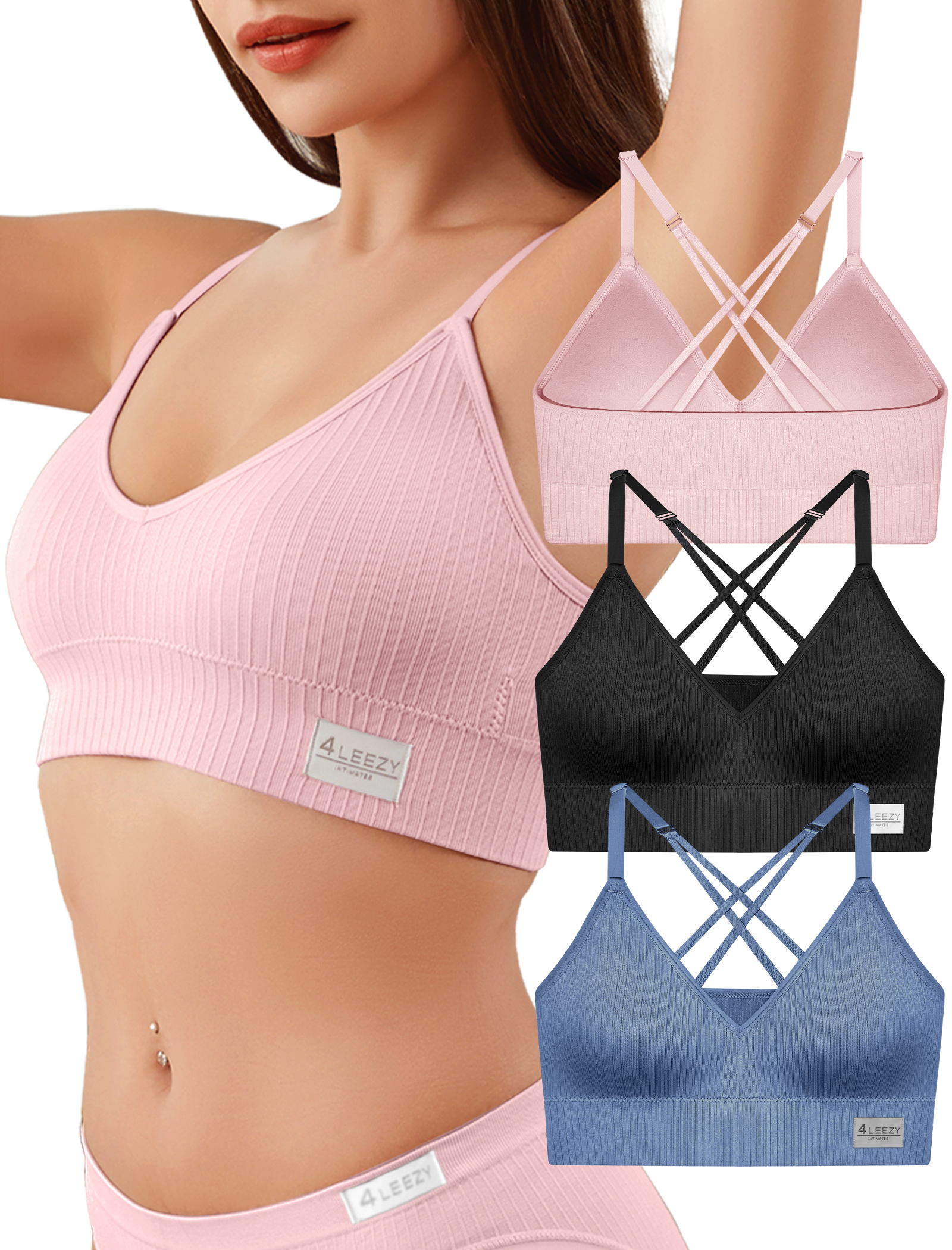 4Leezy Sports Bras for Women - 3 Pack Ribbed Wireless Soft Workout Tops Padded Bralettes Racerback Comfort Cami Crop S-XXL