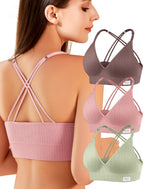 4Leezy Sports Bras for Women - 3 Pack Ribbed Wireless Soft Workout Tops Padded Bralettes Racerback Comfort Cami Crop S-XXL