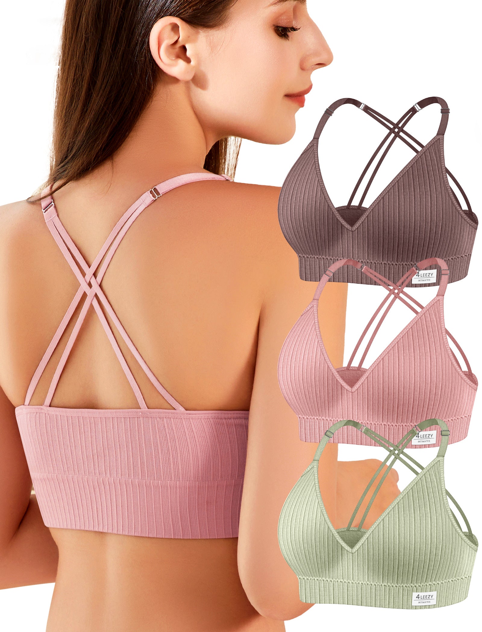 4Leezy Sports Bras for Women - 3 Pack Ribbed Wireless Soft Workout Tops Padded Bralettes Racerback Comfort Cami Crop S-XXL