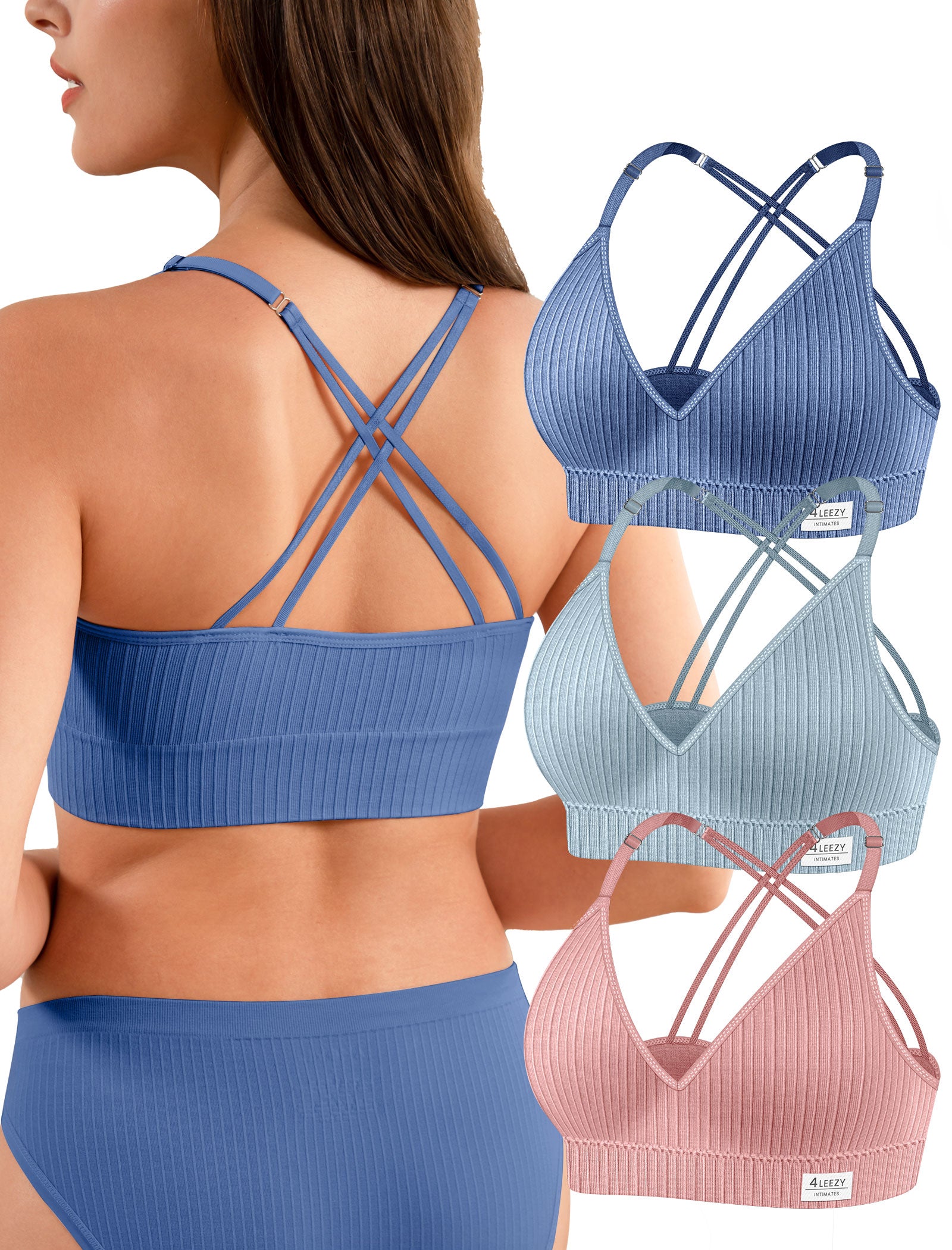 4Leezy Sports Bras for Women - 3 Pack Ribbed Wireless Soft Workout Tops Padded Bralettes Racerback Comfort Cami Crop S-XXL