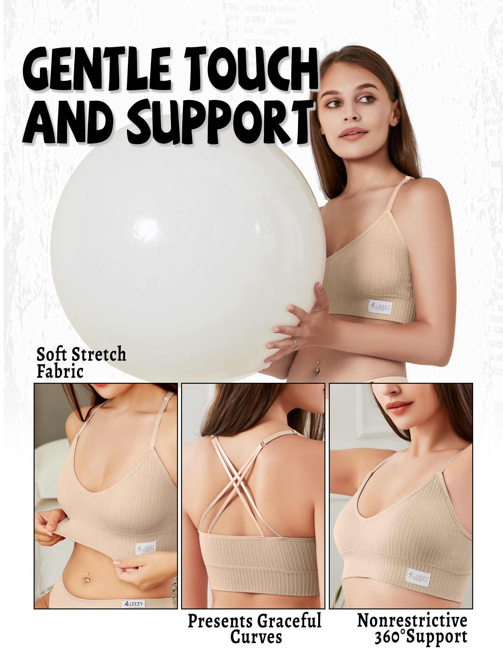 4Leezy Sports Bras for Women - 3 Pack Ribbed Wireless Soft Workout Tops Padded Bralettes Racerback Comfort Cami Crop S-XXL